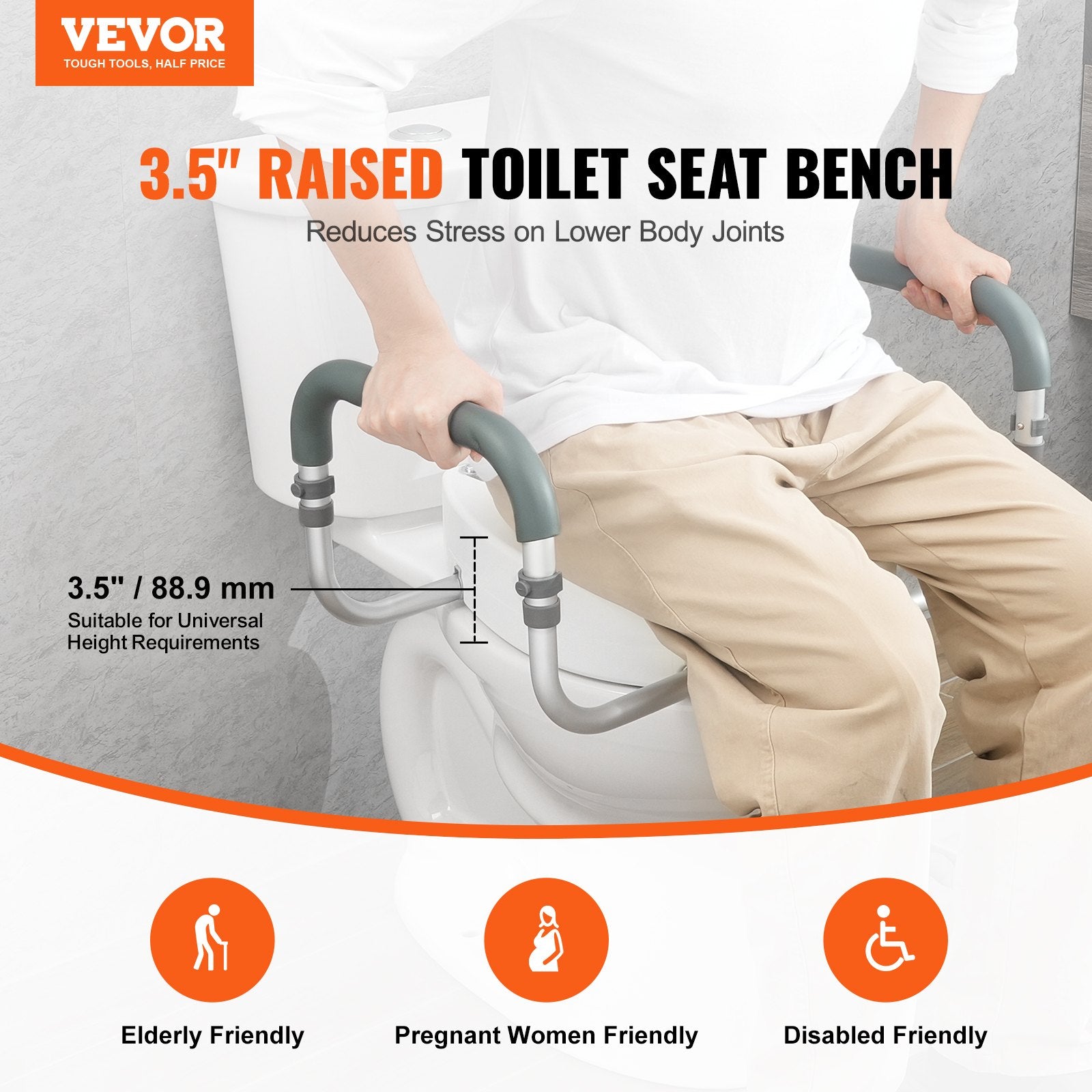 Mobility & Accessibility: VEVOR Raised Toilet Seat,88.9 mm Height Raised, 136 kg Weight Capacity, for Standard Round Toilet, Aluminum Handrail, with EVA Armrest Padding, for Elderly, Handicap, Patient, Pregnant, Medical