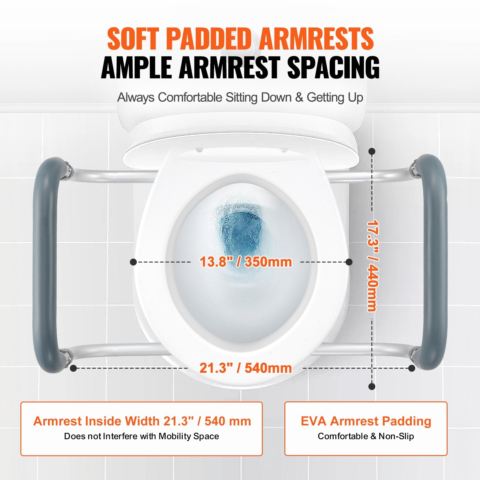 Mobility & Accessibility: VEVOR Raised Toilet Seat,88.9 mm Height Raised, 136 kg Weight Capacity, for Standard Round Toilet, Aluminum Handrail, with EVA Armrest Padding, for Elderly, Handicap, Patient, Pregnant, Medical