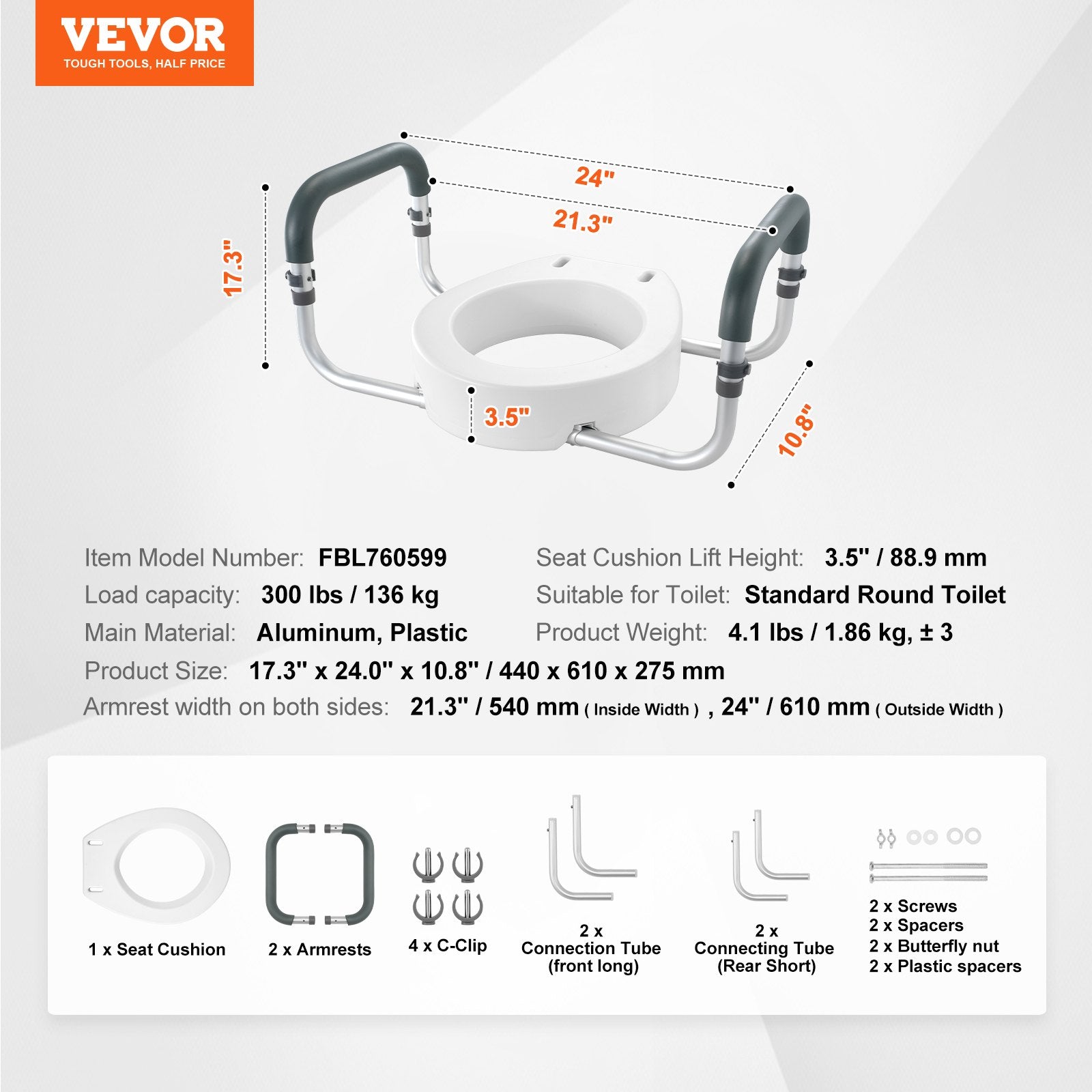 Mobility & Accessibility: VEVOR Raised Toilet Seat,88.9 mm Height Raised, 136 kg Weight Capacity, for Standard Round Toilet, Aluminum Handrail, with EVA Armrest Padding, for Elderly, Handicap, Patient, Pregnant, Medical
