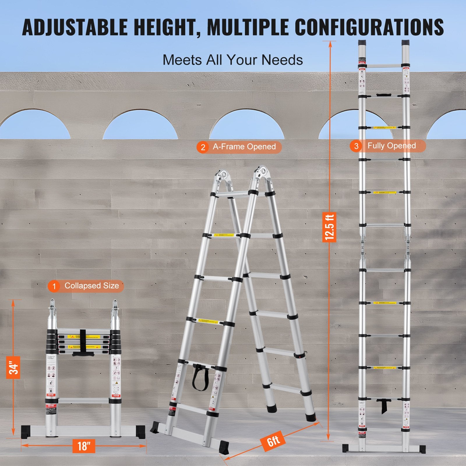 Automotive Repair & Speciality Tools: VEVOR Telescoping Extension Ladder 12.5FT A-Shape w/ Stabilizer Bar for RV