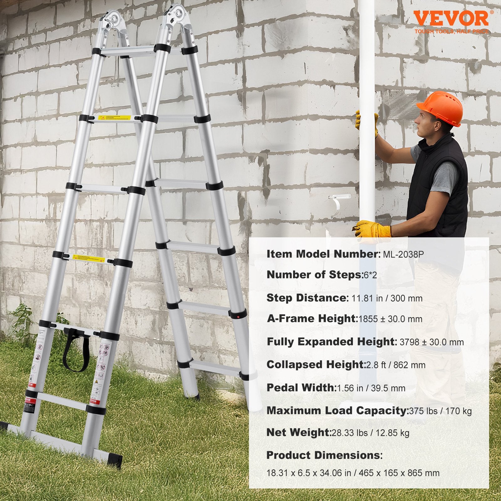 Automotive Repair & Speciality Tools: VEVOR Telescoping Extension Ladder 12.5FT A-Shape w/ Stabilizer Bar for RV