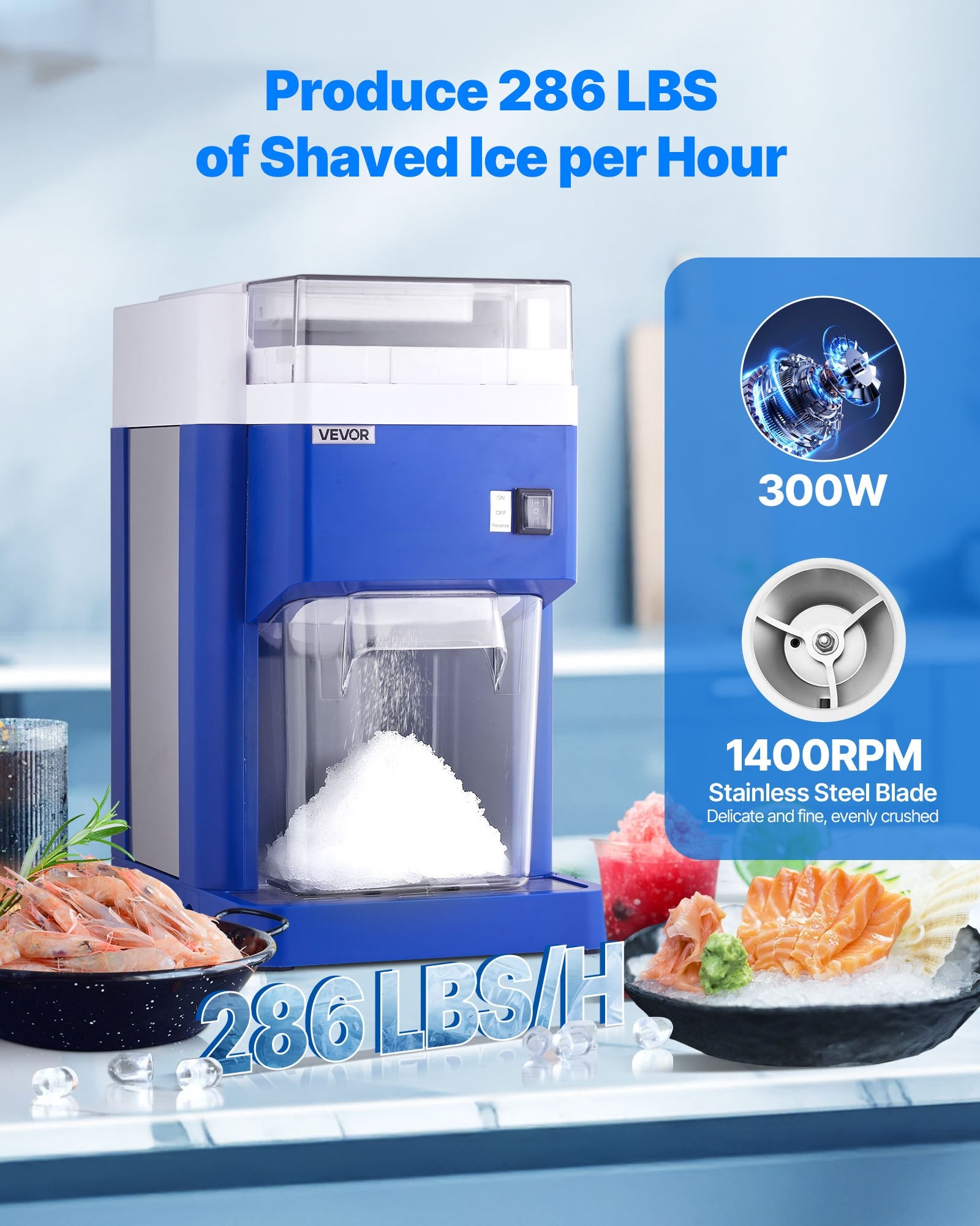 Commercial Ice Shaver Machine, 1.91QT /1.8L Large Electric Snow Cone Machine, Fine & Fluffy with 300W Motor, Stainless Steel Blades, Shaved Ice Maker for Dessert Shop Home Party Restaurant, Blue