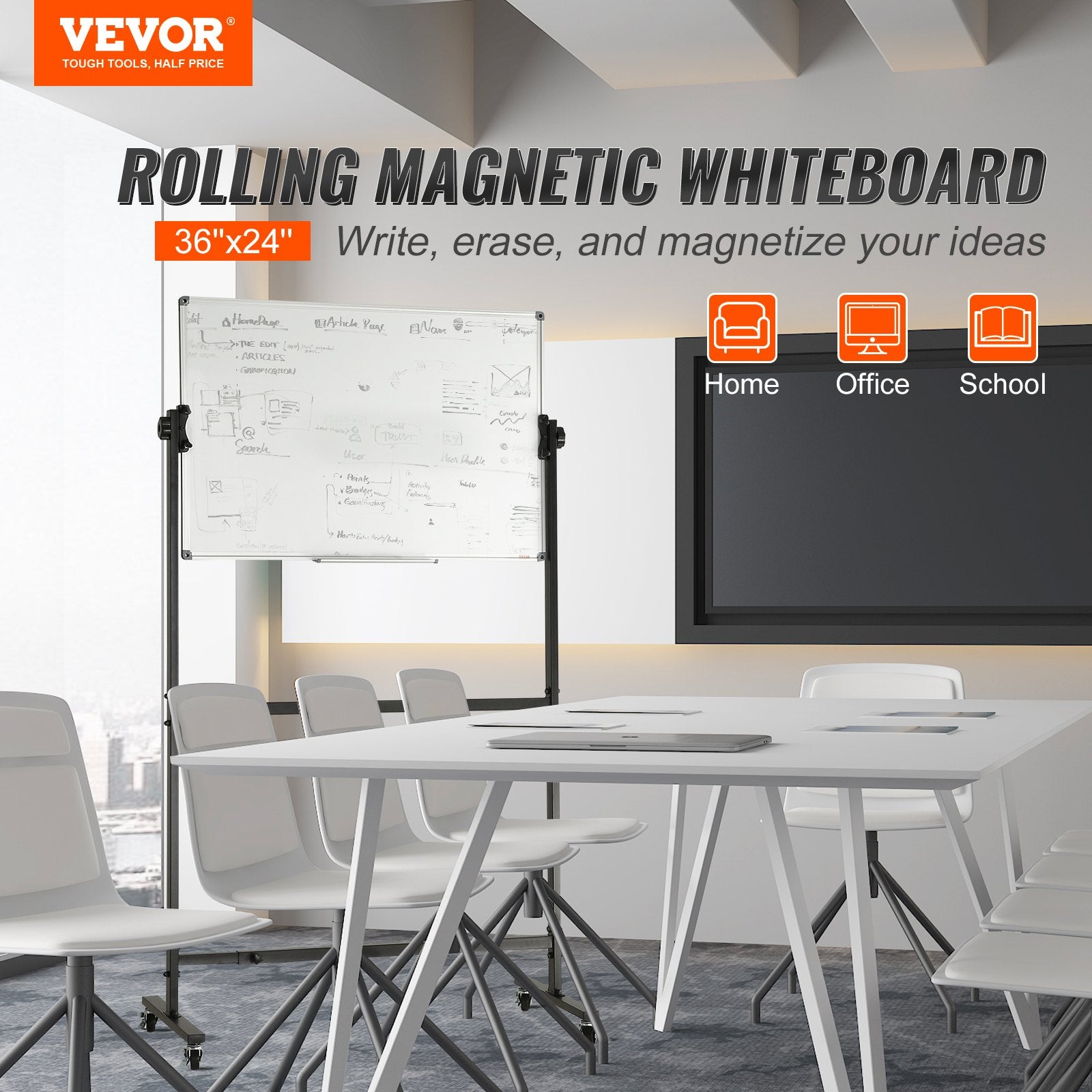 Building Toys: VEVOR 91.5x61cm Rolling Magnetic Whiteboard, Double-sided Mobile Whiteboard, Adjustable Height Dry Erase Board with Wheels, 1 Magnetic Erase & 3 Dry Erase Markers & Movable Tray Office, School