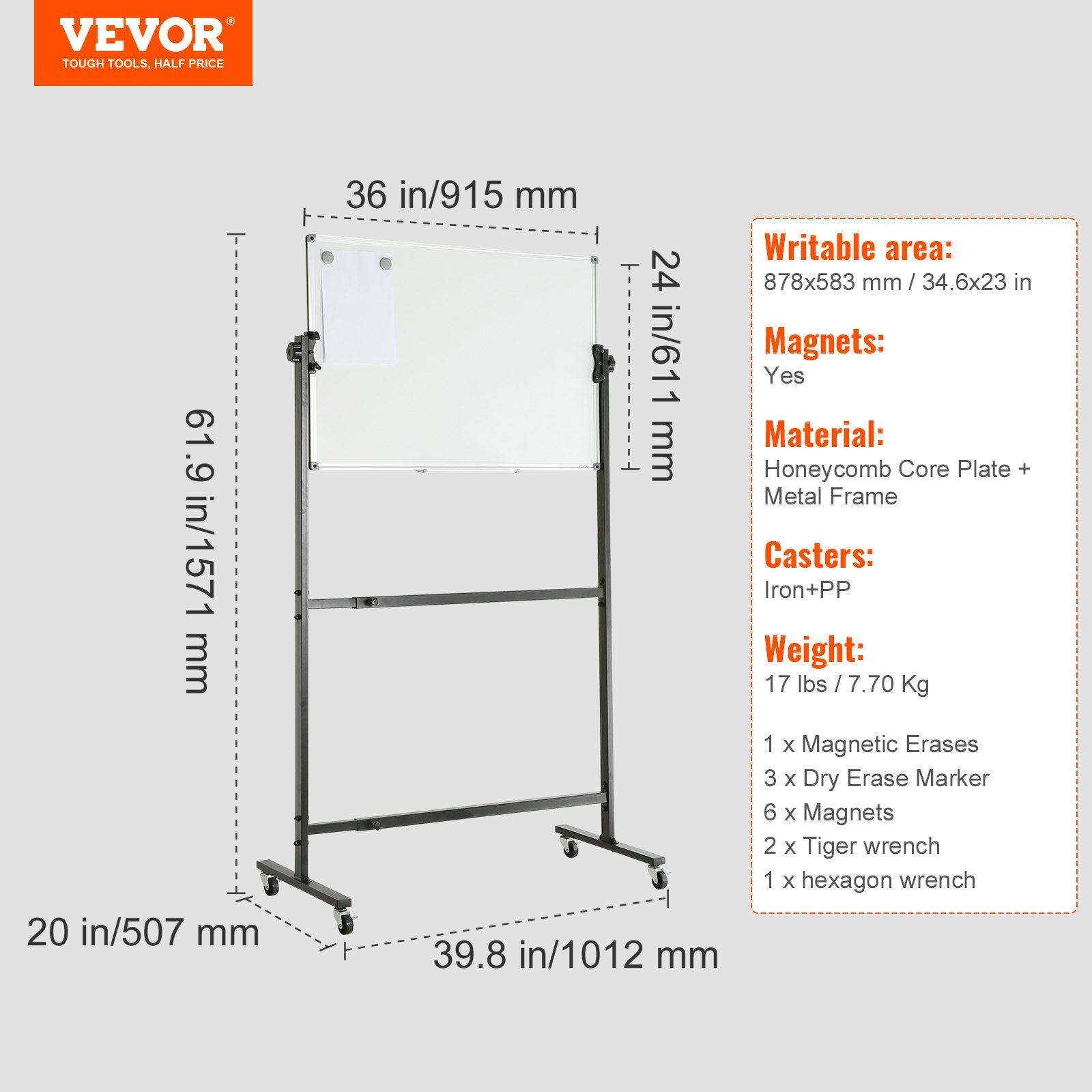 Building Toys: VEVOR 91.5x61cm Rolling Magnetic Whiteboard, Double-sided Mobile Whiteboard, Adjustable Height Dry Erase Board with Wheels, 1 Magnetic Erase & 3 Dry Erase Markers & Movable Tray Office, School
