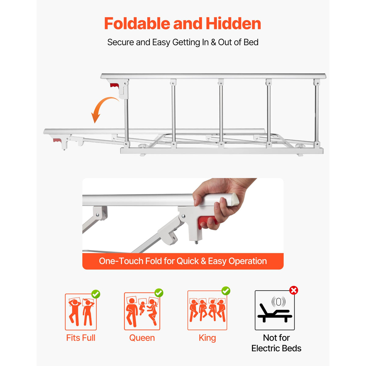 Foldable Bed Rail for Elderly, 122 cm Bedside Assist Rail with Fixing Strap, Adjustable Height Pipe Bedside Cane, High-Strength Metal Senior Bed Bar, Hand Guard Grab Fits King, Queen, Full, Twin