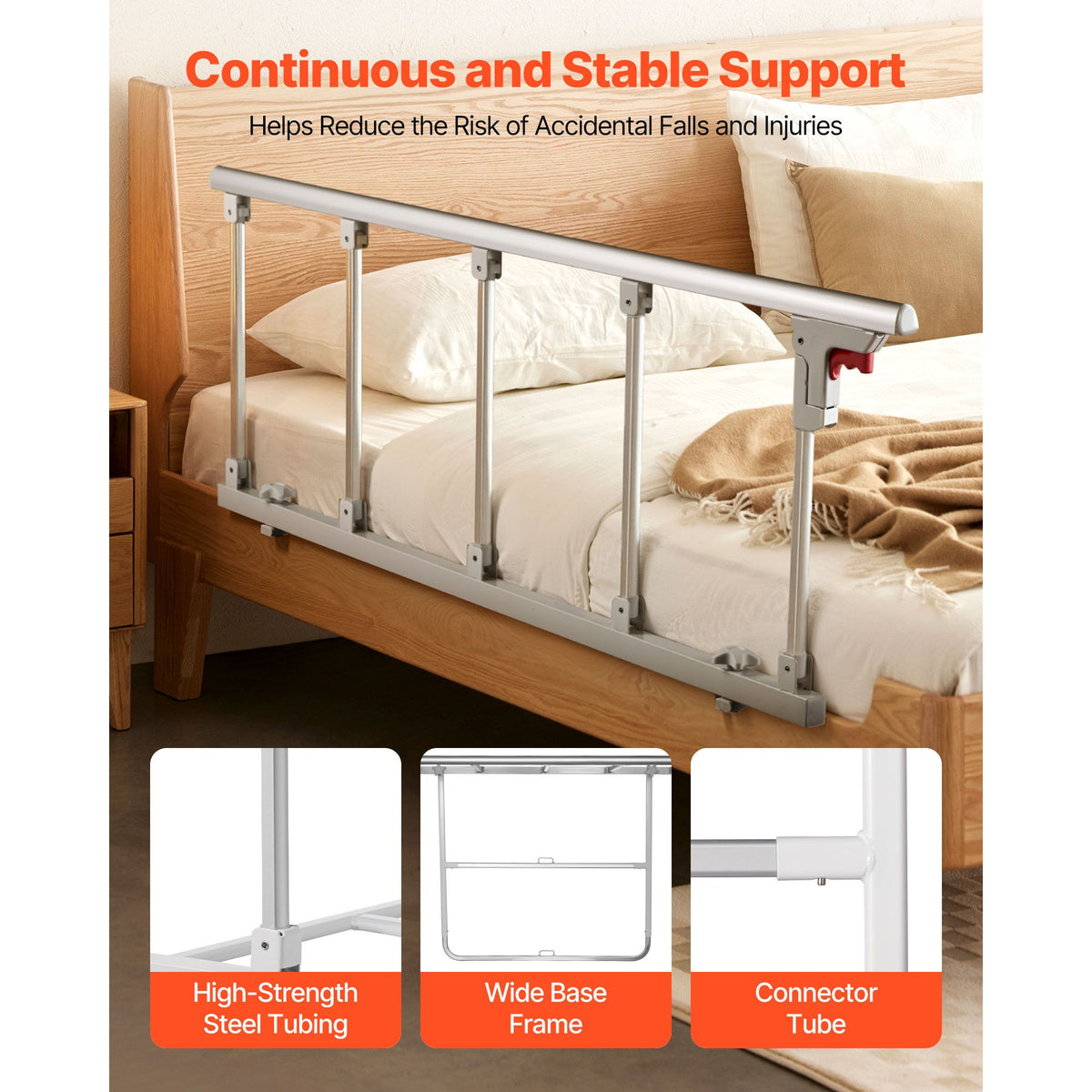 Foldable Bed Rail for Elderly, 122 cm Bedside Assist Rail with Fixing Strap, Adjustable Height Pipe Bedside Cane, High-Strength Metal Senior Bed Bar, Hand Guard Grab Fits King, Queen, Full, Twin