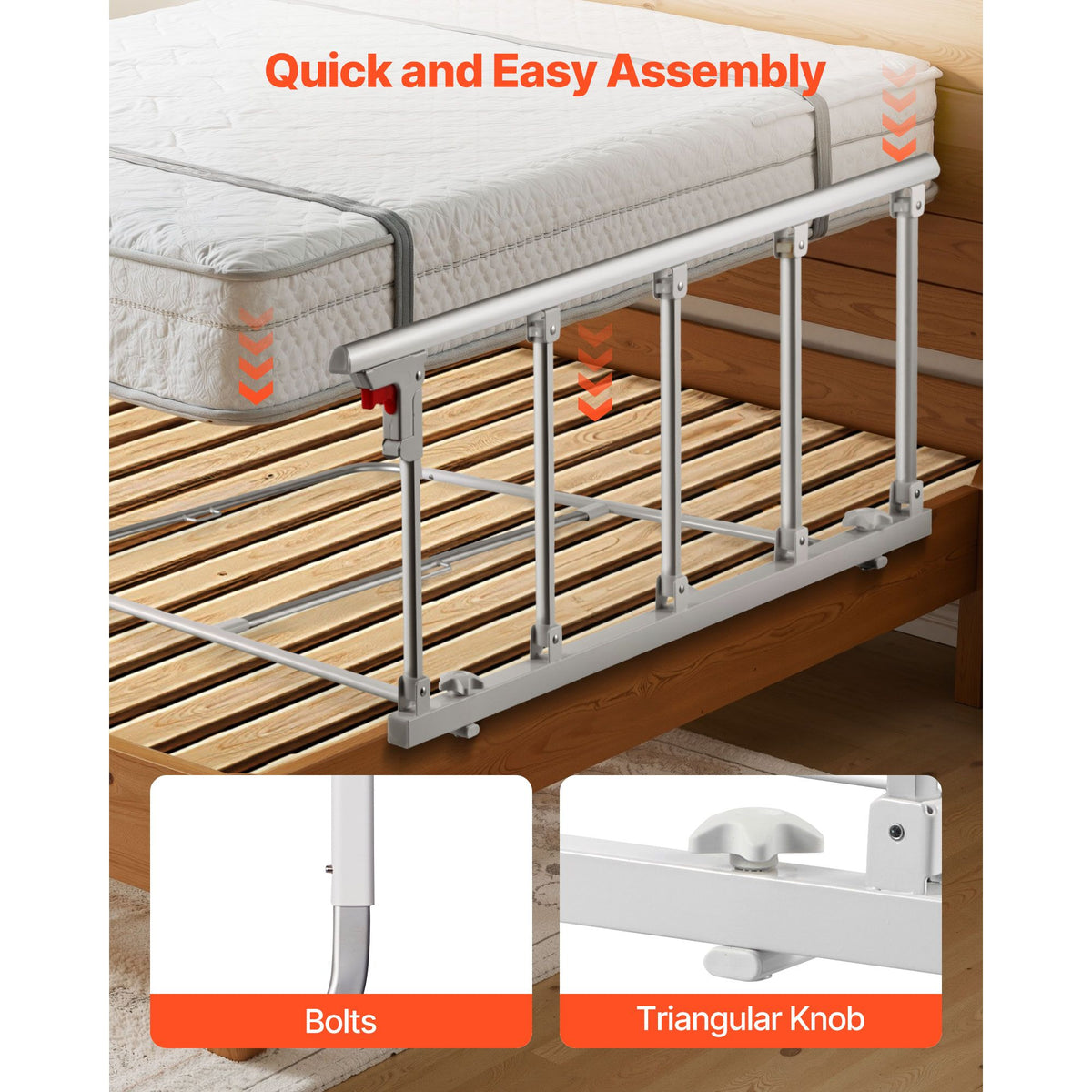 Foldable Bed Rail for Elderly, 122 cm Bedside Assist Rail with Fixing Strap, Adjustable Height Pipe Bedside Cane, High-Strength Metal Senior Bed Bar, Hand Guard Grab Fits King, Queen, Full, Twin