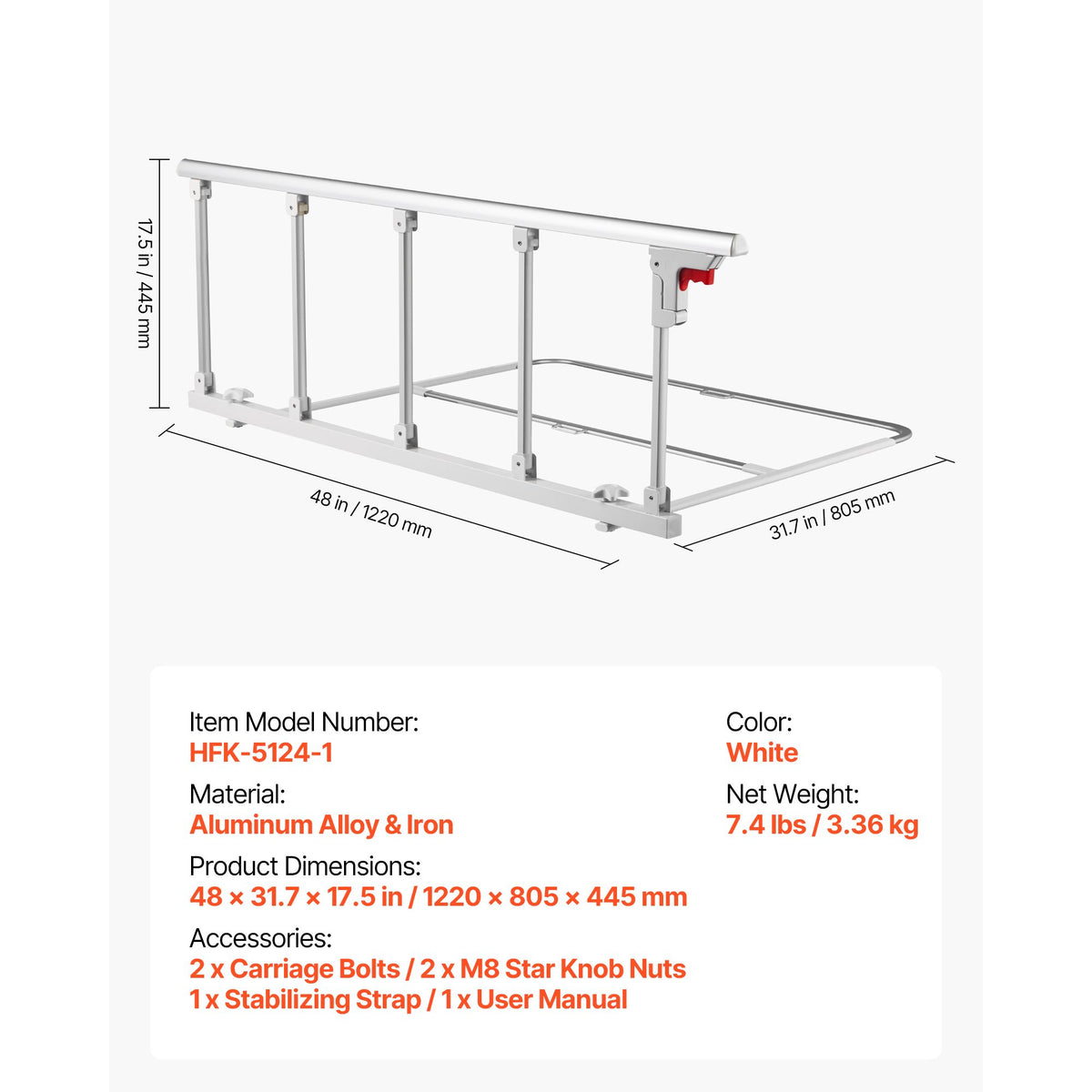 Foldable Bed Rail for Elderly, 122 cm Bedside Assist Rail with Fixing Strap, Adjustable Height Pipe Bedside Cane, High-Strength Metal Senior Bed Bar, Hand Guard Grab Fits King, Queen, Full, Twin