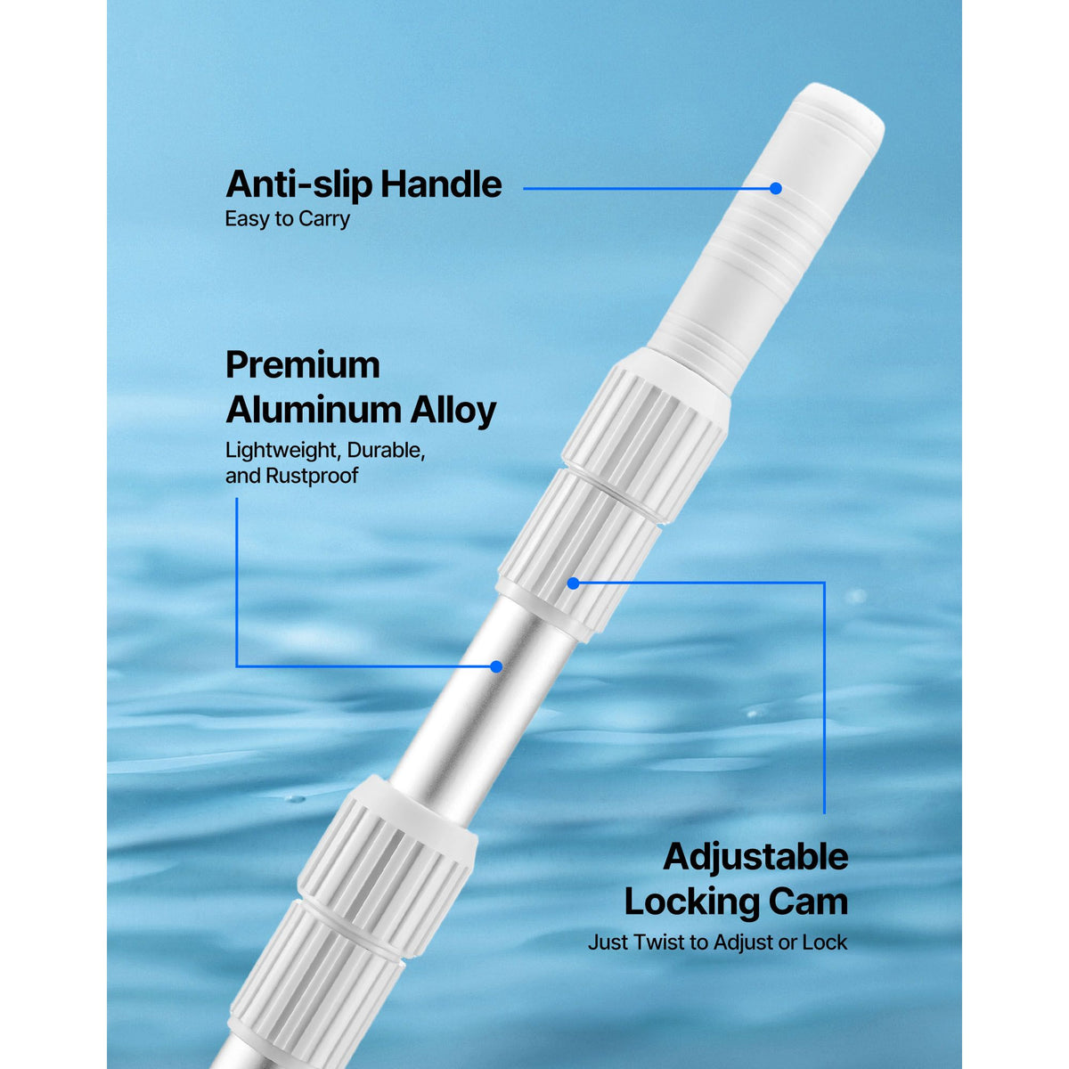 Pool Pole, 1 to 3.66 m Telescoping Swimming Pool Cleaning Poles, Professional Adjustable Telescopic Pole with Extension Pole, Heavy Duty Cleaner Stick for Skimmer Net, Rake, Brush, Vacuum Head