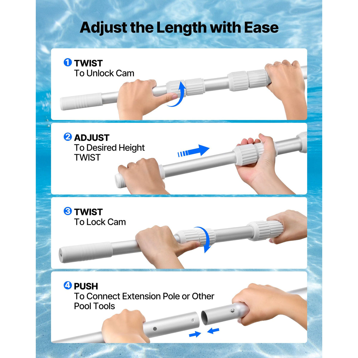 Pool Pole, 1 to 3.66 m Telescoping Swimming Pool Cleaning Poles, Professional Adjustable Telescopic Pole with Extension Pole, Heavy Duty Cleaner Stick for Skimmer Net, Rake, Brush, Vacuum Head