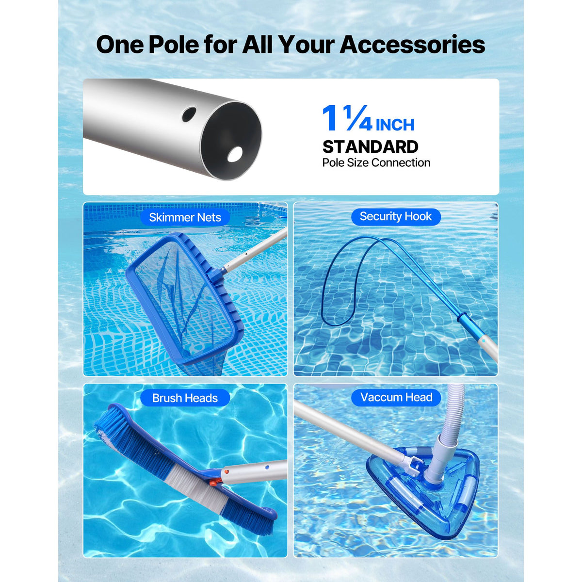 Pool Pole, 1 to 3.66 m Telescoping Swimming Pool Cleaning Poles, Professional Adjustable Telescopic Pole with Extension Pole, Heavy Duty Cleaner Stick for Skimmer Net, Rake, Brush, Vacuum Head