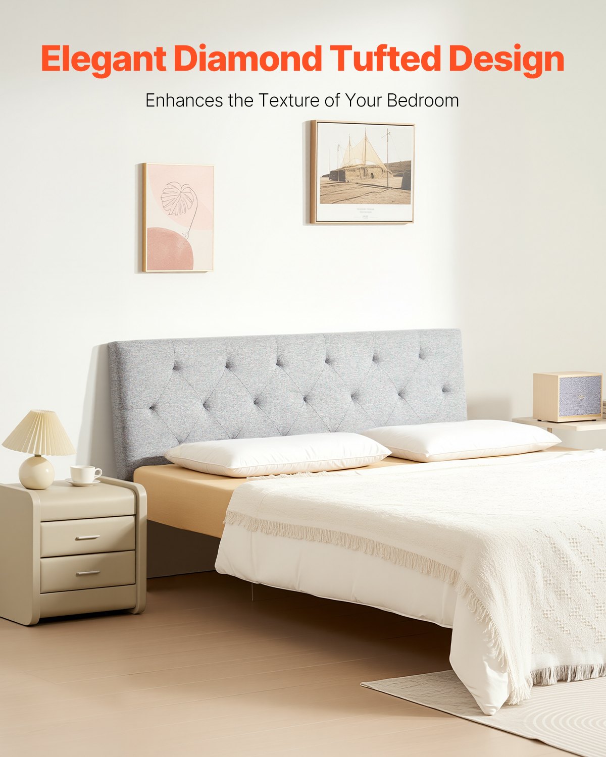 Beds & Bed Frames: VEVOR Headboard, Full Size Headboard with Adjustable Height, Comfortable Diamond Tufted for Full Size Bed, W 56.3 x H（35.6-47.4）inches, Ideal for Bedroom, Hotel, Homestay, Dormitory, Light Grey