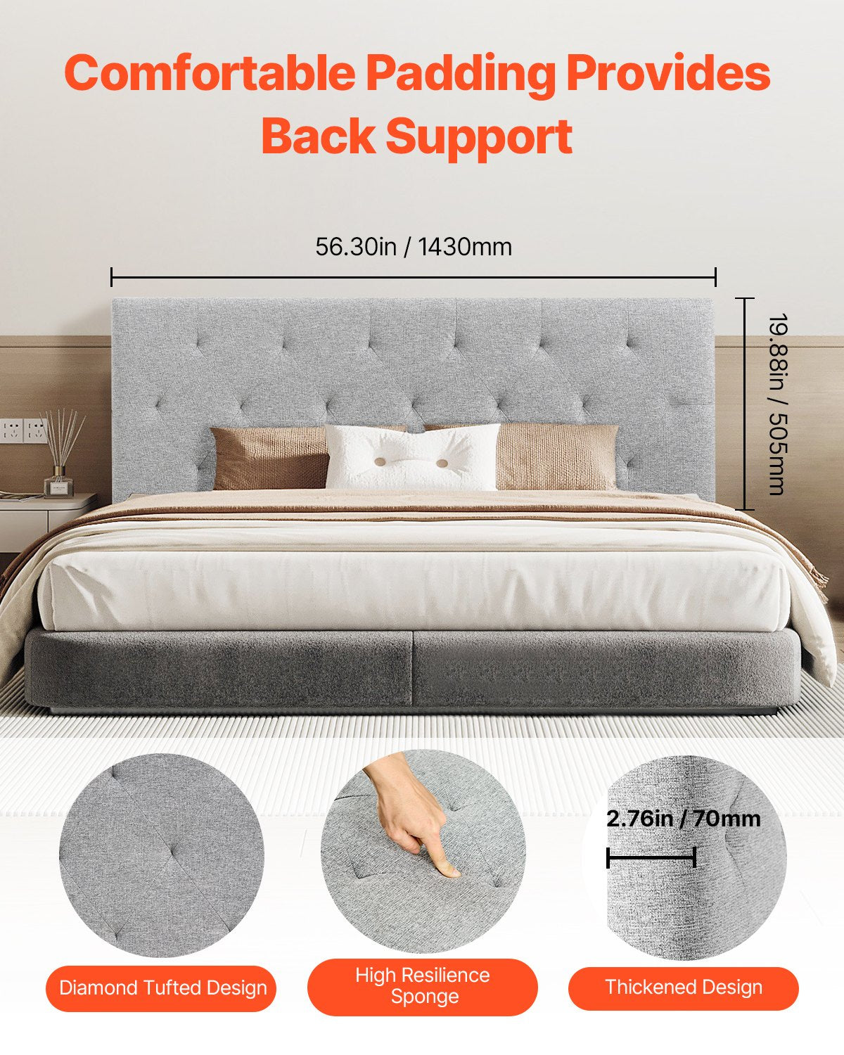 Beds & Bed Frames: VEVOR Headboard, Full Size Headboard with Adjustable Height, Comfortable Diamond Tufted for Full Size Bed, W 56.3 x H（35.6-47.4）inches, Ideal for Bedroom, Hotel, Homestay, Dormitory, Light Grey