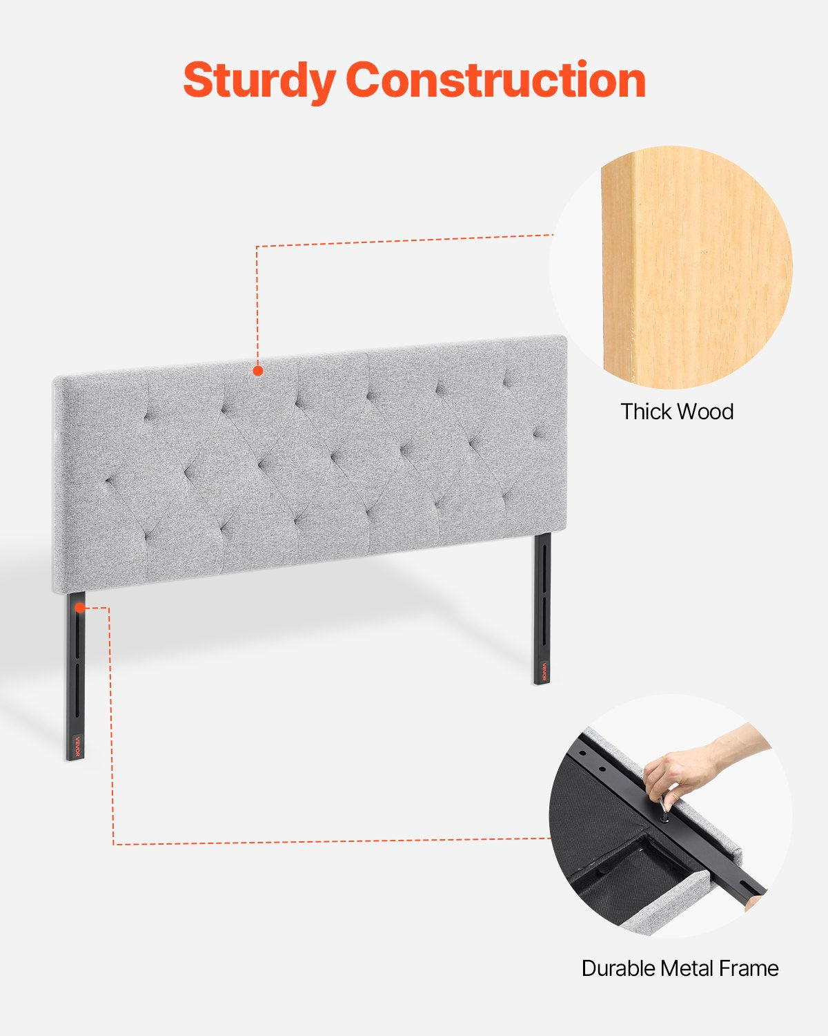 Beds & Bed Frames: VEVOR Headboard, Full Size Headboard with Adjustable Height, Comfortable Diamond Tufted for Full Size Bed, W 56.3 x H（35.6-47.4）inches, Ideal for Bedroom, Hotel, Homestay, Dormitory, Light Grey