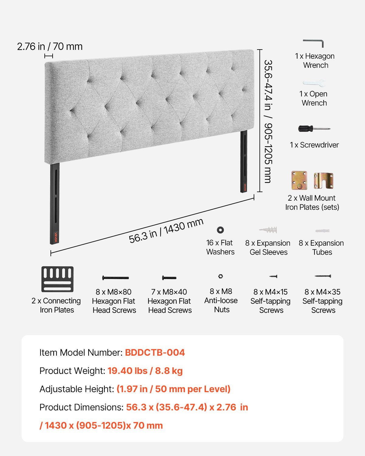 Beds & Bed Frames: VEVOR Headboard, Full Size Headboard with Adjustable Height, Comfortable Diamond Tufted for Full Size Bed, W 56.3 x H（35.6-47.4）inches, Ideal for Bedroom, Hotel, Homestay, Dormitory, Light Grey