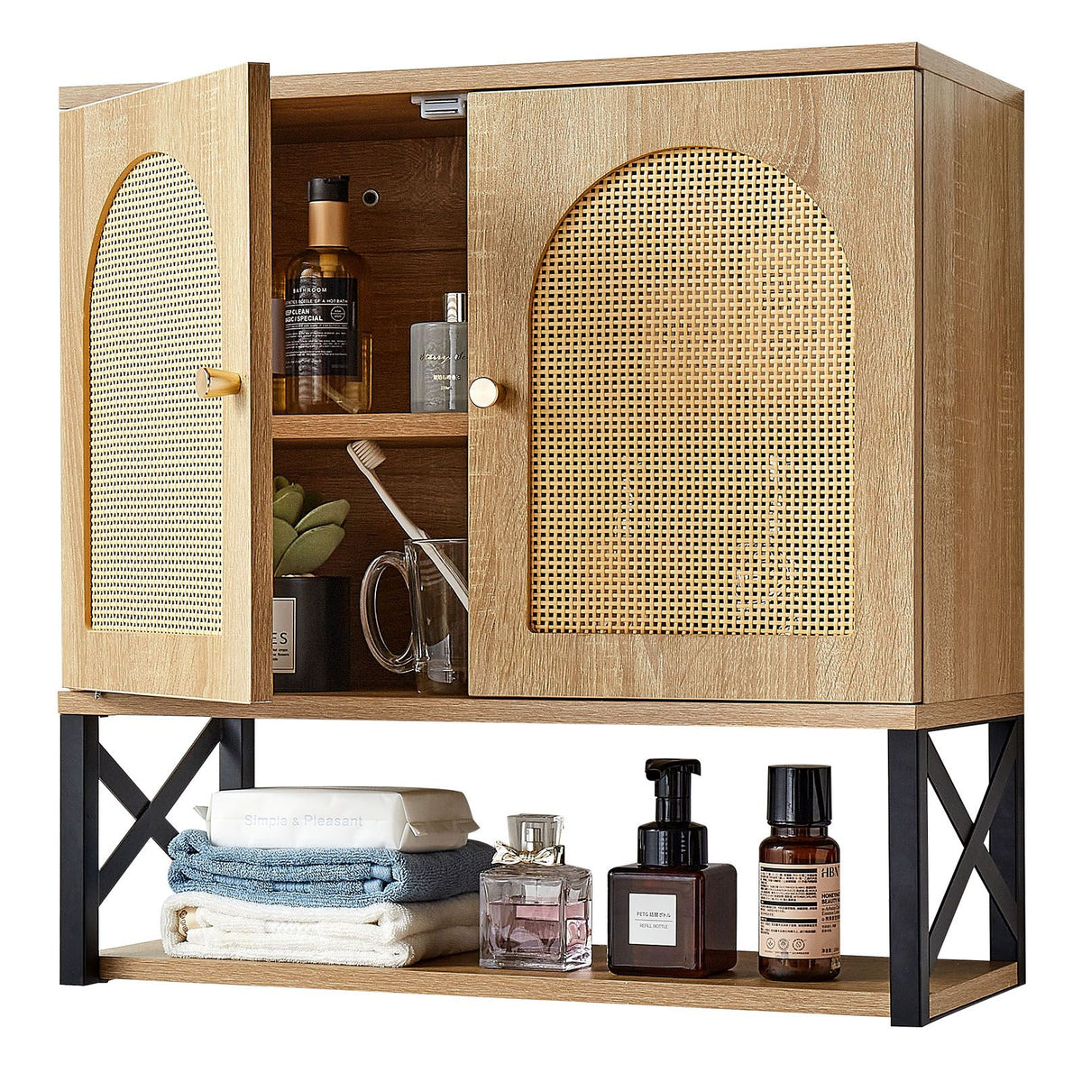 Bathroom Wall Cabinet, with 2 Doors and Adjustable Shelf, Over the Toilet Storage Medicine Cabinet Wall Mounted, Hanging Organizer with Shelves & Open Partition for Laundry Room Kitchen Restroom