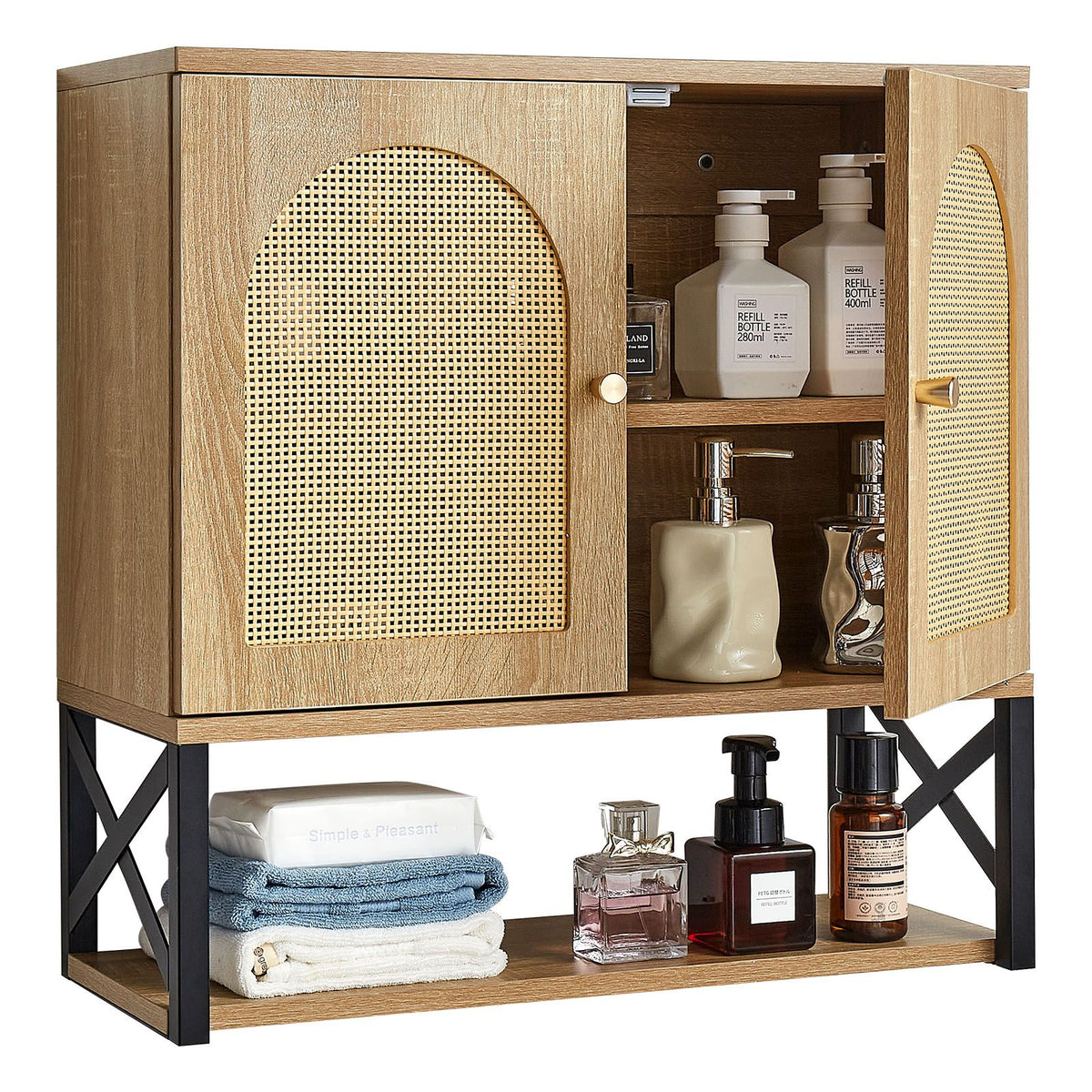 Bathroom Wall Cabinet, with 2 Doors and Adjustable Shelf, Over the Toilet Storage Medicine Cabinet Wall Mounted, Hanging Organizer with Shelves & Open Partition for Laundry Room Kitchen Restroom