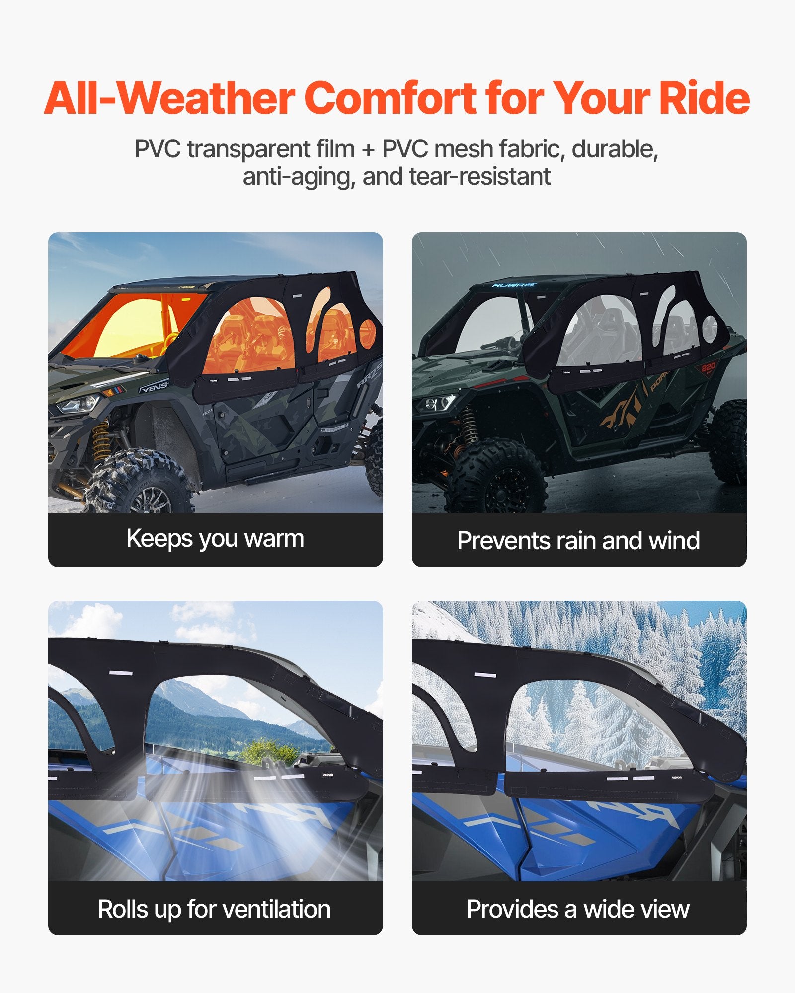 Spas & Accessories: VEVOR Cab Enclosure Upper Doors, Compatible with Polaris RZR PRO 2020-2024/Polaris RZR Turbo2022-2024, Soft Upper Doors, Upgraded Zipper UTV Soft Side Window Kit, Fit with Side Mirrors and Windshields