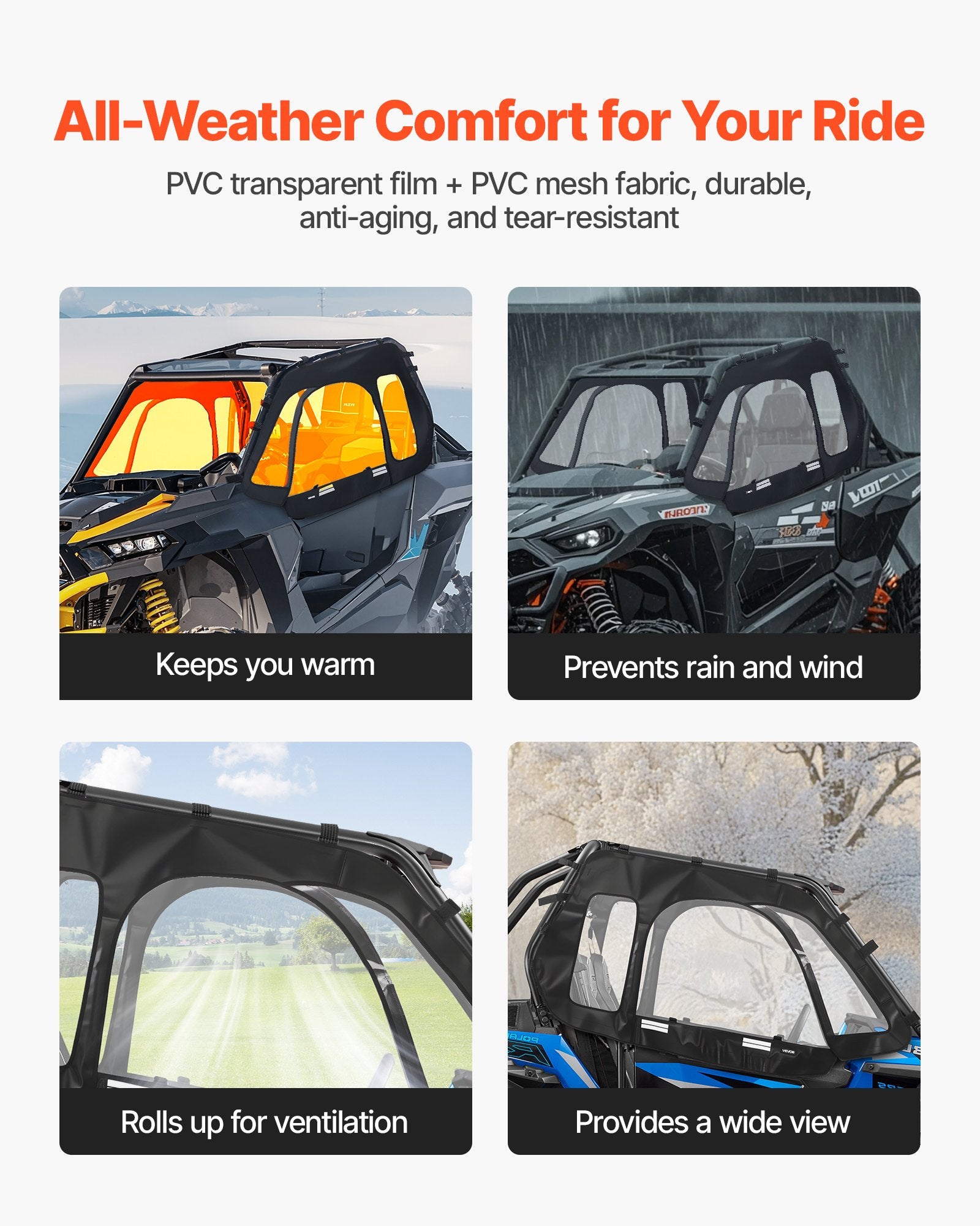 Spas & Accessories: VEVOR Cab Enclosure Upper Doors, Compatible with Polaris RZR XP 1000/XP Turbo 2014-2023, Soft Upper Doors, Windproof Upgraded Zipper UTV Soft Side Window Kit, Work with Side Mirrors and Windshields