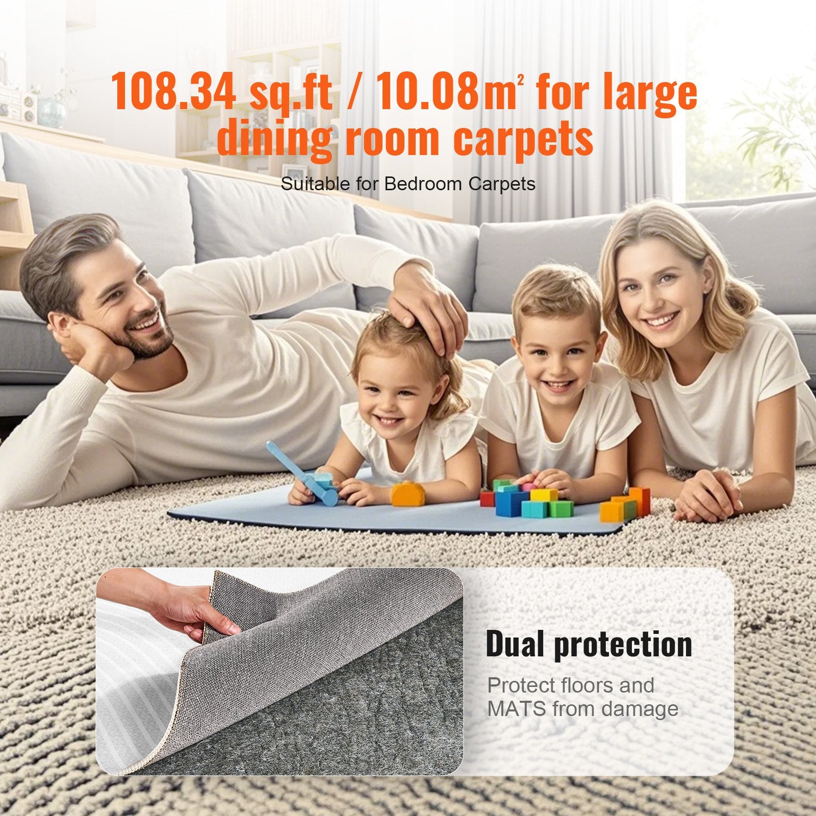 Cushions & Throws: VEVOR Rug Pad Without Slip Resistance, Protective Cushioning Carpet Pad, 9' x 12', 1/4"Thick, 100% Pure Polyester Felt, 10-11㎡ Premium Comfort Underfoot Carpet Padding Rug Cushion for All Floors, Gray