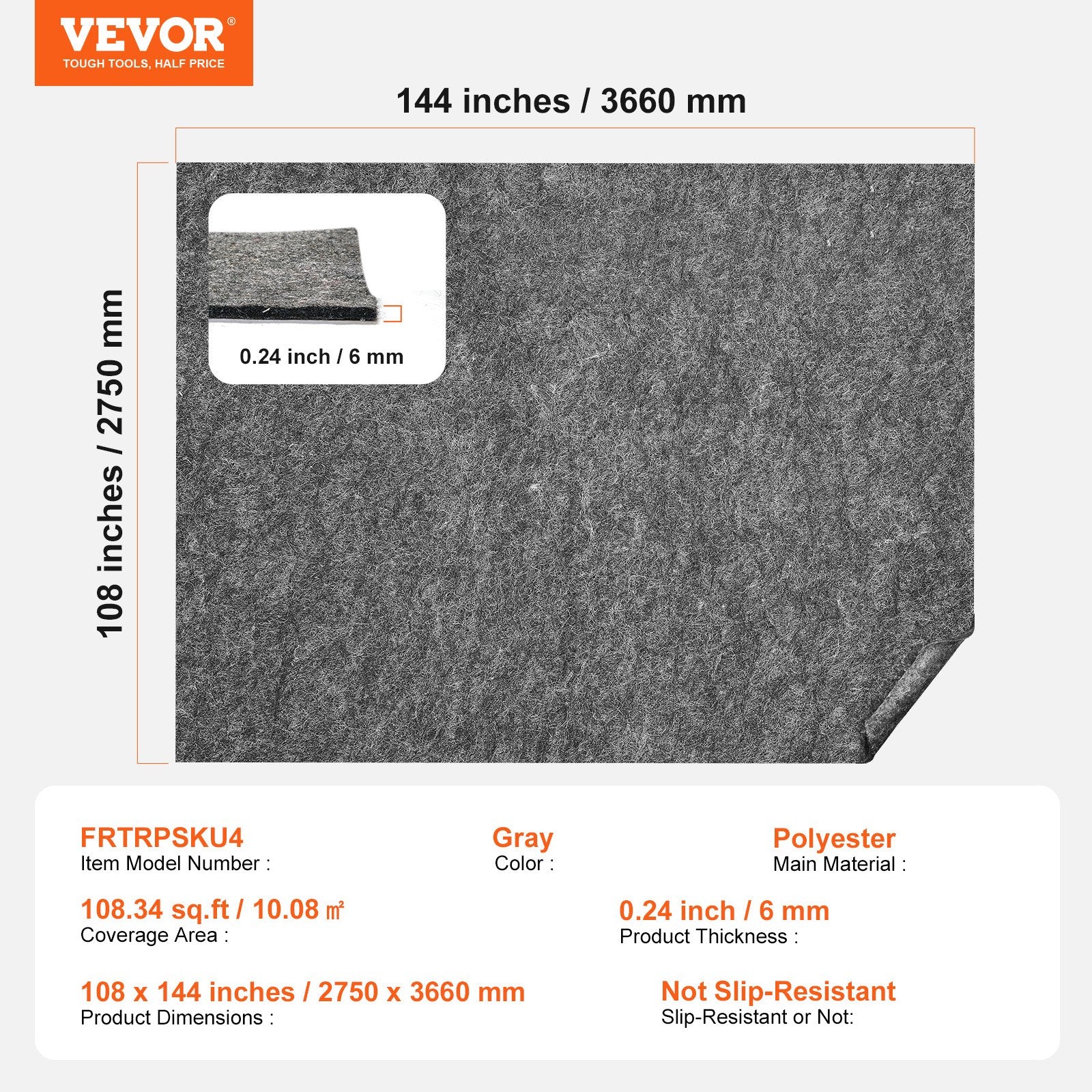 Cushions & Throws: VEVOR Rug Pad Without Slip Resistance, Protective Cushioning Carpet Pad, 9' x 12', 1/4"Thick, 100% Pure Polyester Felt, 10-11㎡ Premium Comfort Underfoot Carpet Padding Rug Cushion for All Floors, Gray