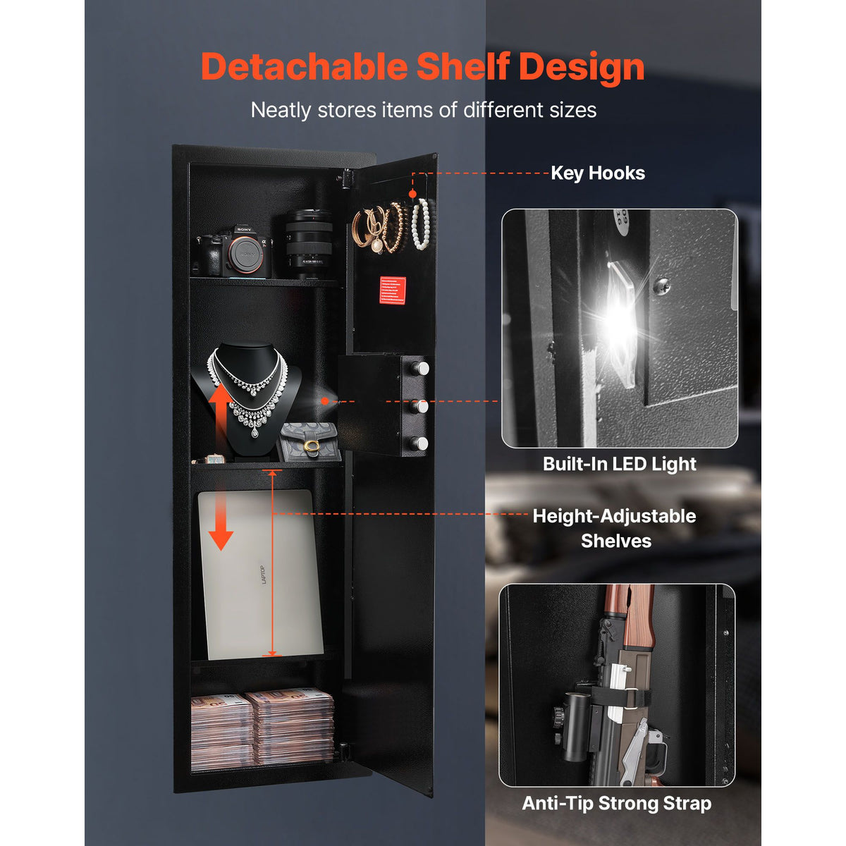 Wall Safe, 4-Tier Hidden Wall Mounted Gun Safe with Password & Key, Q235 Cold-Rolled Steel In-Wall Box with LED Lighting, 3 Adjustable Shelves & Key Holders for Money, Jewelry, Passport, Black