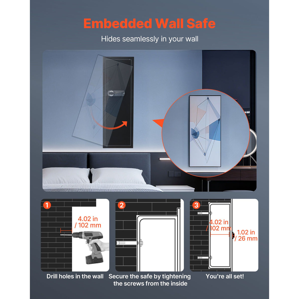 Wall Safe, 4-Tier Hidden Wall Mounted Gun Safe with Password & Key, Q235 Cold-Rolled Steel In-Wall Box with LED Lighting, 3 Adjustable Shelves & Key Holders for Money, Jewelry, Passport, Black