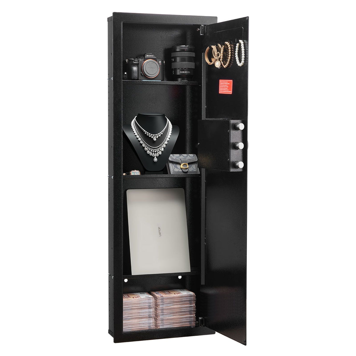 Wall Safe, 4-Tier Hidden Wall Mounted Gun Safe with Password & Key, Q235 Cold-Rolled Steel In-Wall Box with LED Lighting, 3 Adjustable Shelves & Key Holders for Money, Jewelry, Passport, Black