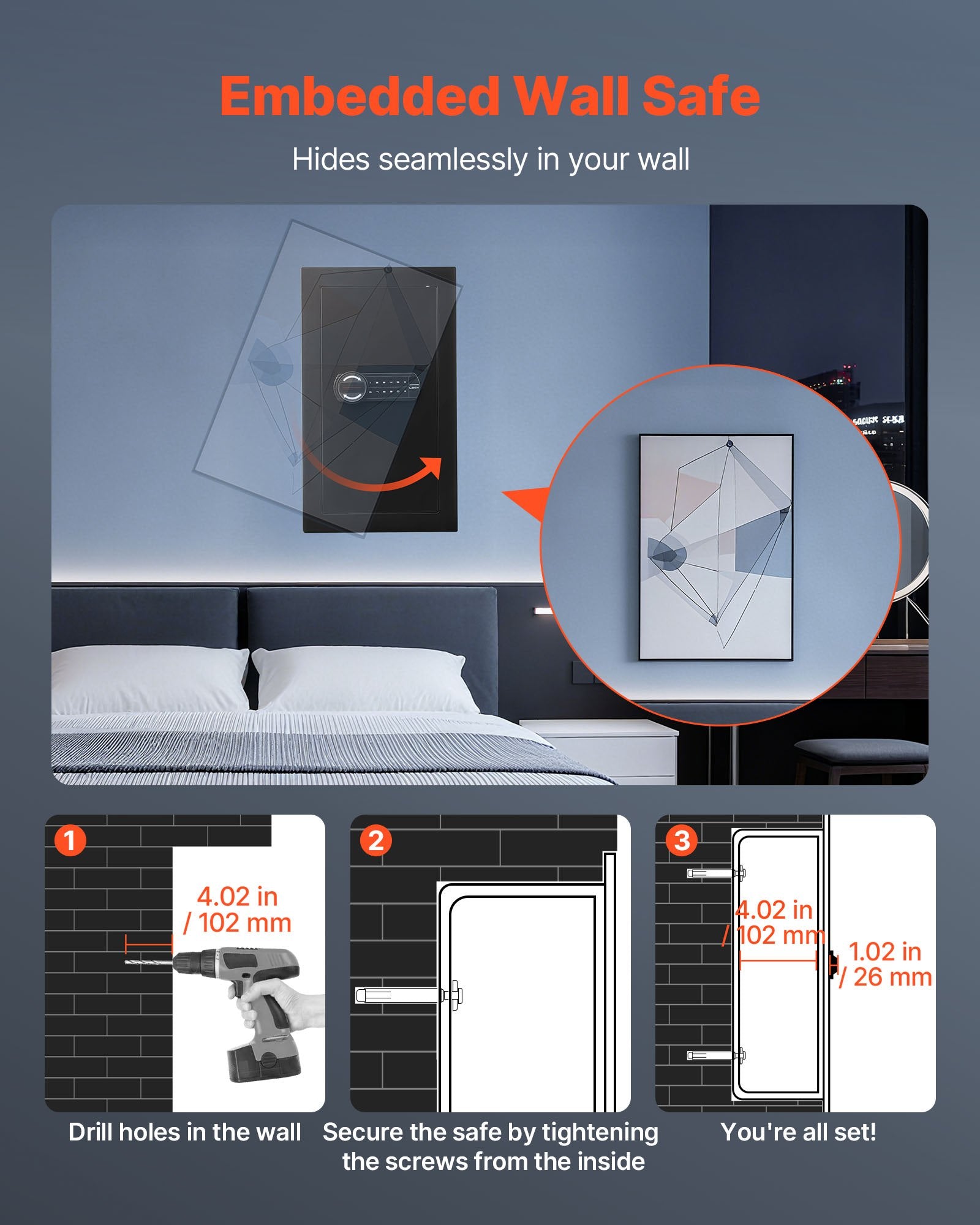 Wall Safe, 3-Tier Hidden Wall Mounted Safe with Password & Key, Q235 Cold-Rolled Steel In-Wall Box with LED Lighting, 2 Adjustable Shelves & 5 Key Holders for Money, Jewelry, Passport, Black