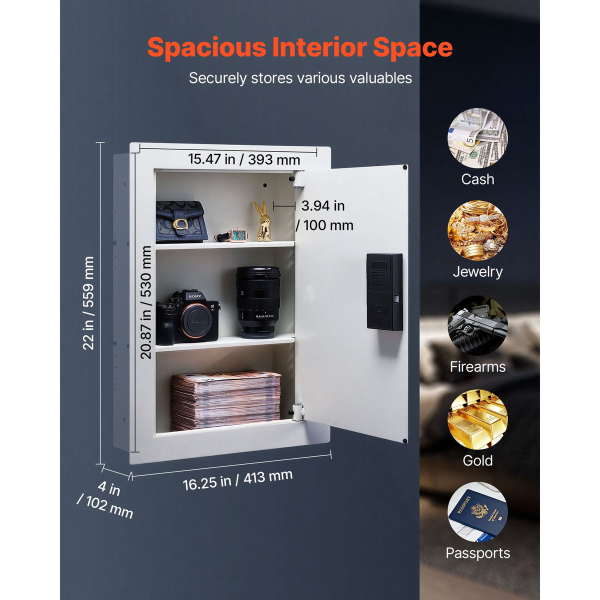 0.83 sq.ft Wall Safe, 3-Tier Hidden Wall Safe with Password, Key & Turning Knob, Q235 Cold-Rolled Steel In-Wall Box with Adjustable Shelves & Mounting Holes for Money, Jewelry, Passport, White