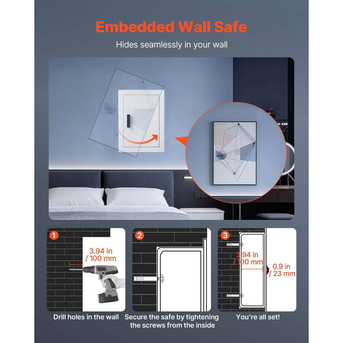 0.83 sq.ft Wall Safe, 3-Tier Hidden Wall Safe with Password, Key & Turning Knob, Q235 Cold-Rolled Steel In-Wall Box with Adjustable Shelves & Mounting Holes for Money, Jewelry, Passport, White