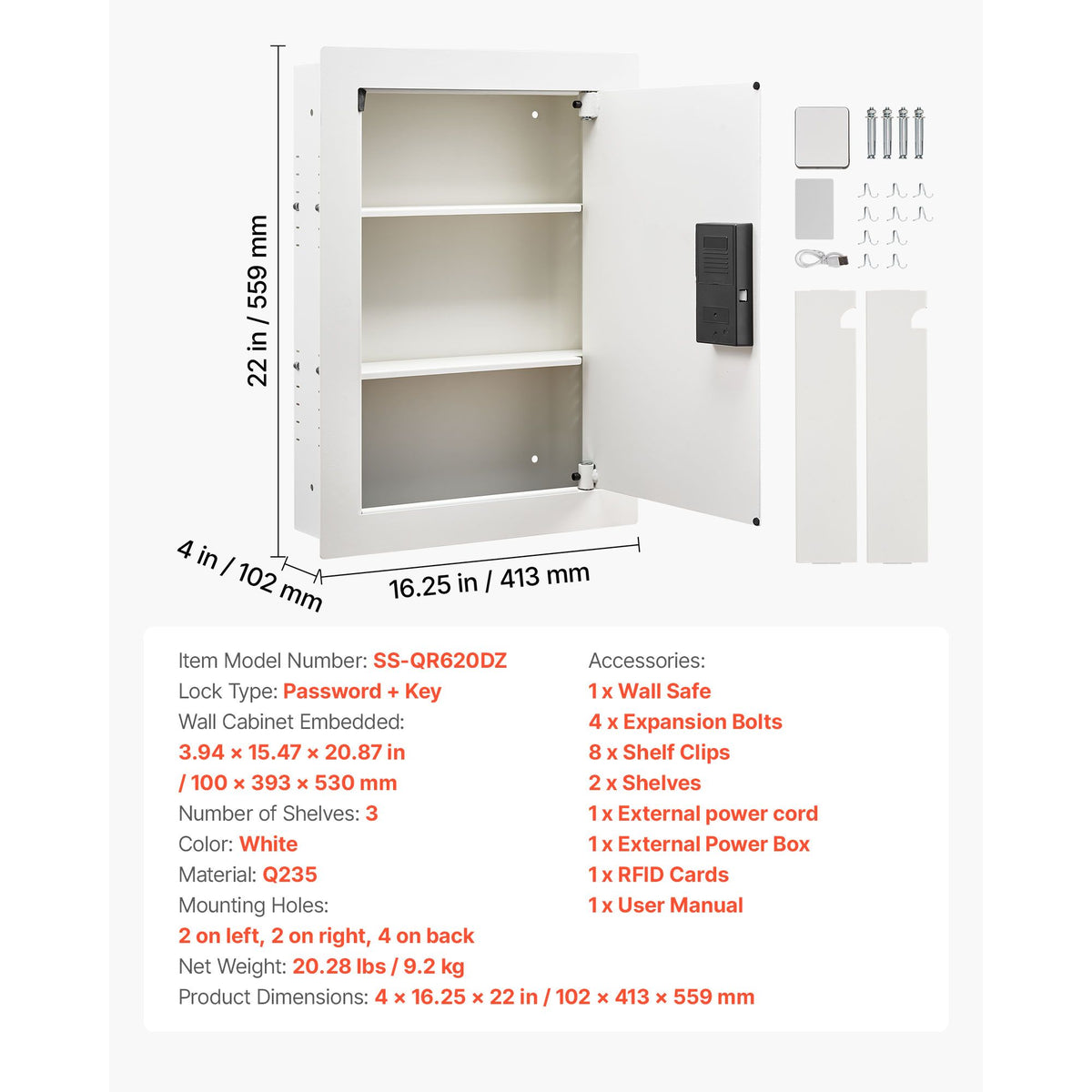 0.83 sq.ft Wall Safe, 3-Tier Hidden Wall Safe with Password, Key & Turning Knob, Q235 Cold-Rolled Steel In-Wall Box with Adjustable Shelves & Mounting Holes for Money, Jewelry, Passport, White