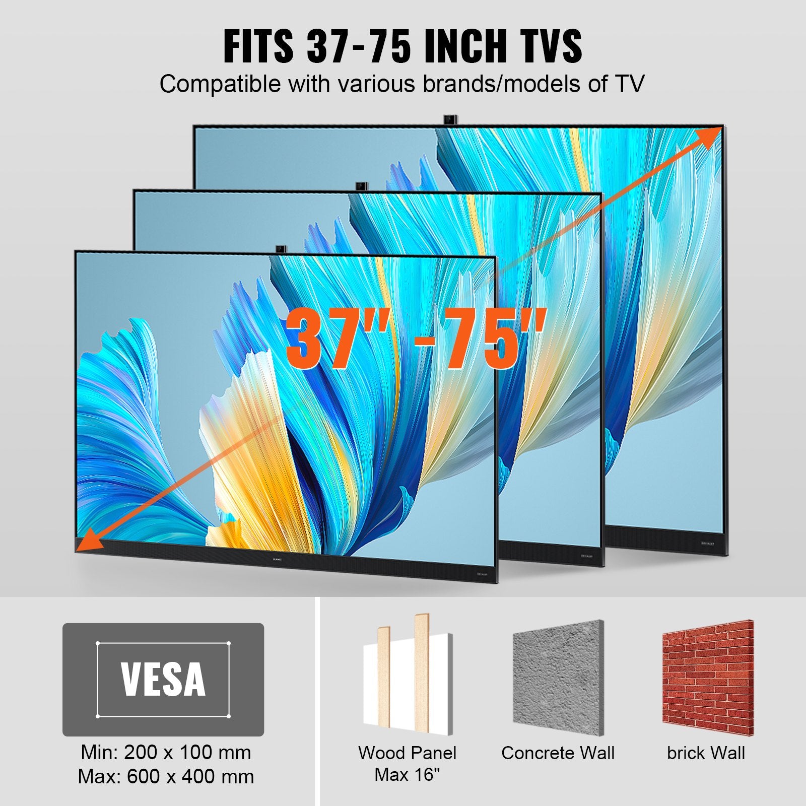 TVs & Accessories: VEVOR Full Motion TV Mount Fits for Most 37-75 inch TVs, Swivel Tilt Horizontal Adjustment TV Wall Mount Bracket with 4 Articulating Arms, Max VESA 600x400mm, Holds up to 132 lbs