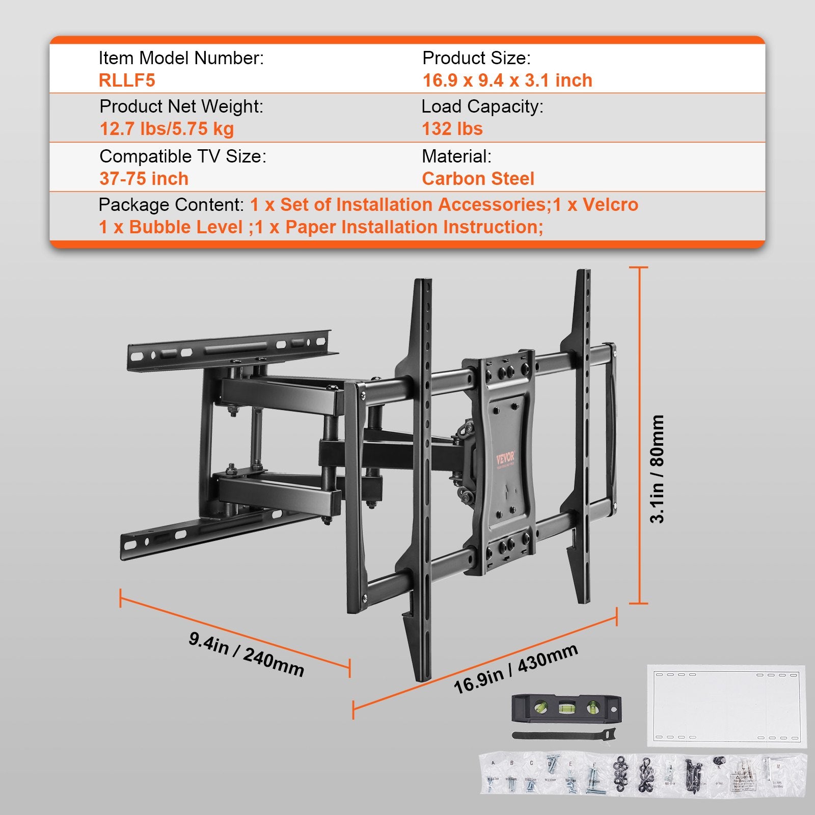 TVs & Accessories: VEVOR Full Motion TV Mount Fits for Most 37-75 inch TVs, Swivel Tilt Horizontal Adjustment TV Wall Mount Bracket with 4 Articulating Arms, Max VESA 600x400mm, Holds up to 132 lbs