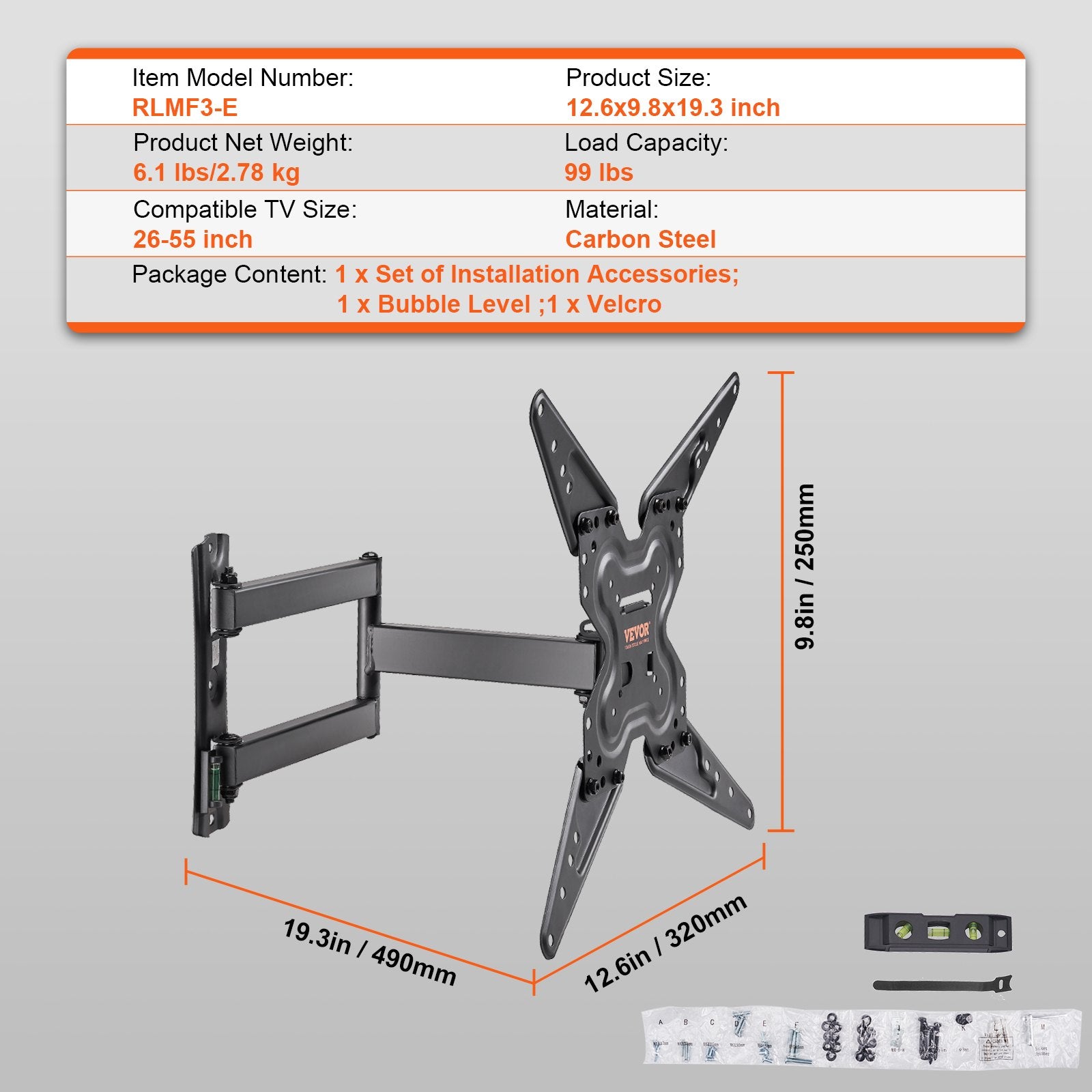 Gym Equipment & Accessories: VEVOR Full Motion TV Mount Fits for Most 26-55 inch TVs, Swivel Tilt Horizontal Adjustment TV Wall Mount Bracket with Articulating Arm, Max VESA 400x400mm , Holds up to 99 lbs