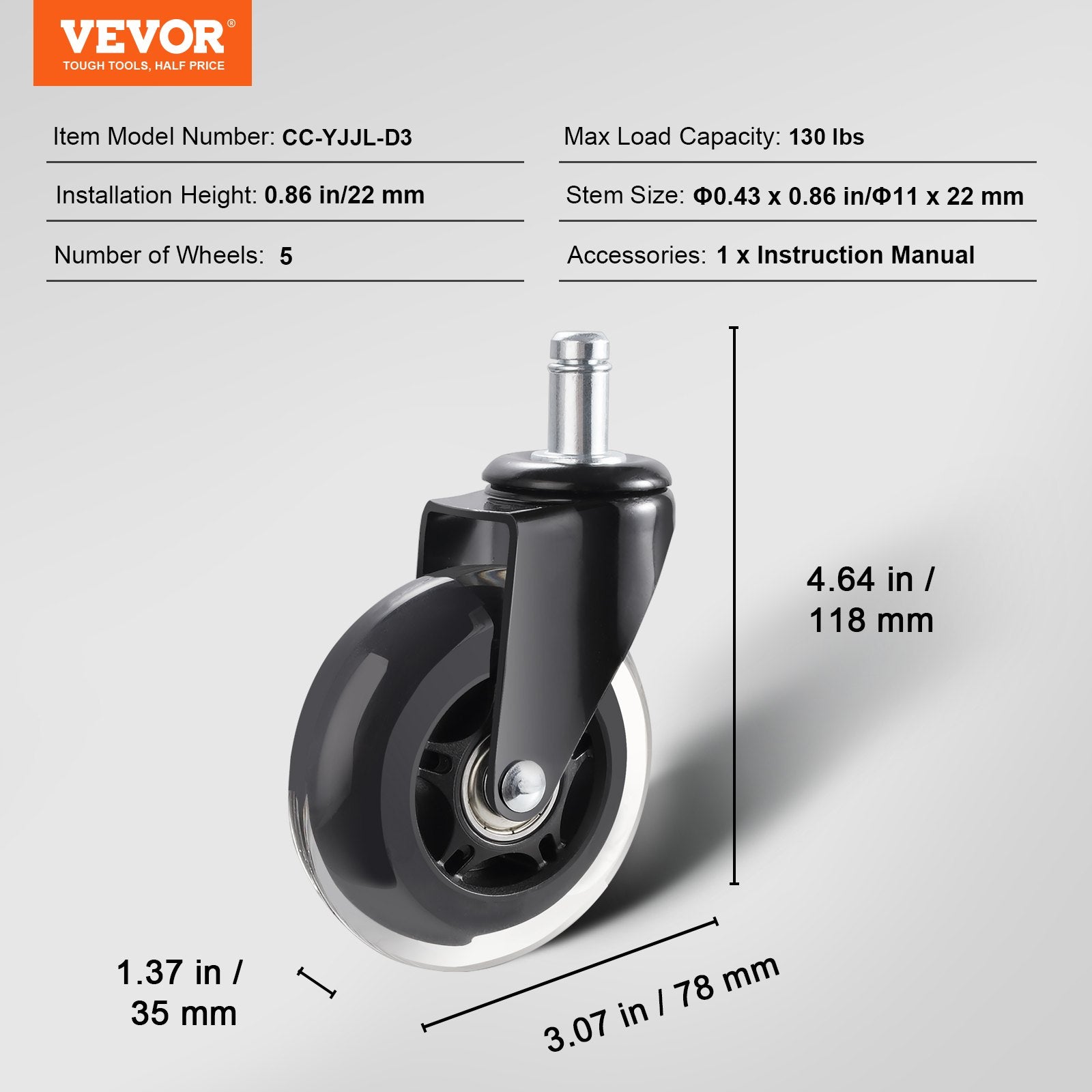 Table & Bar Stools: VEVOR Office Chair Wheels, Set of 5, 76.2 mm Caster Wheels Replacement for Hardwood Floors and Carpet, Heavy Duty Computer Gaming Desk Casters with 59 kg Load Capacity, Universal Fit for Most Chairs