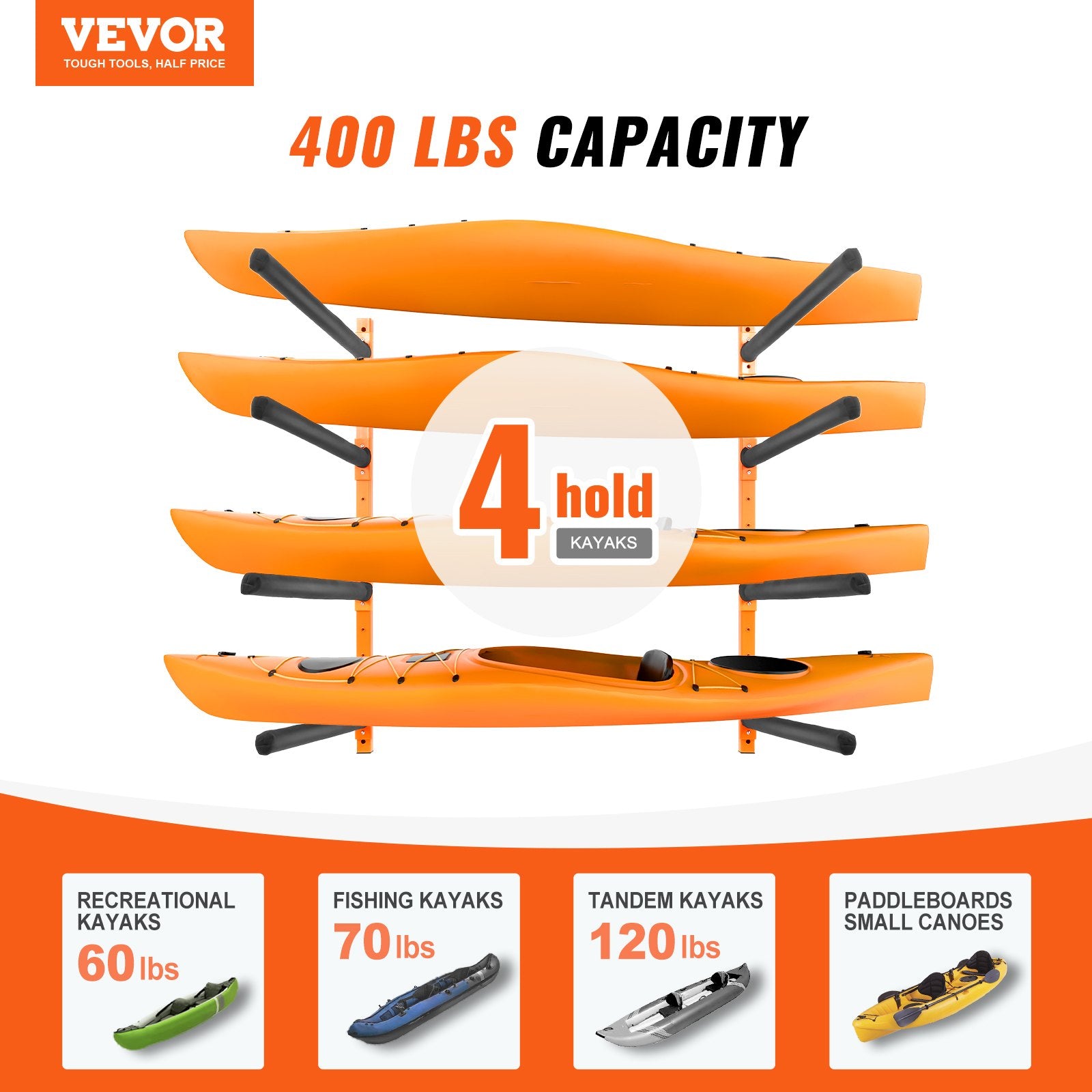 Wall Kayak Storage Rack, 4-Capacity Wall Mounted Kayak Holders for Kayak Canoe Paddle Board, Kayak Storage Hooks with Adjustable Padded Arms, 181.6 KG Load Kayak Hanger for Indoor Outdoor Garage