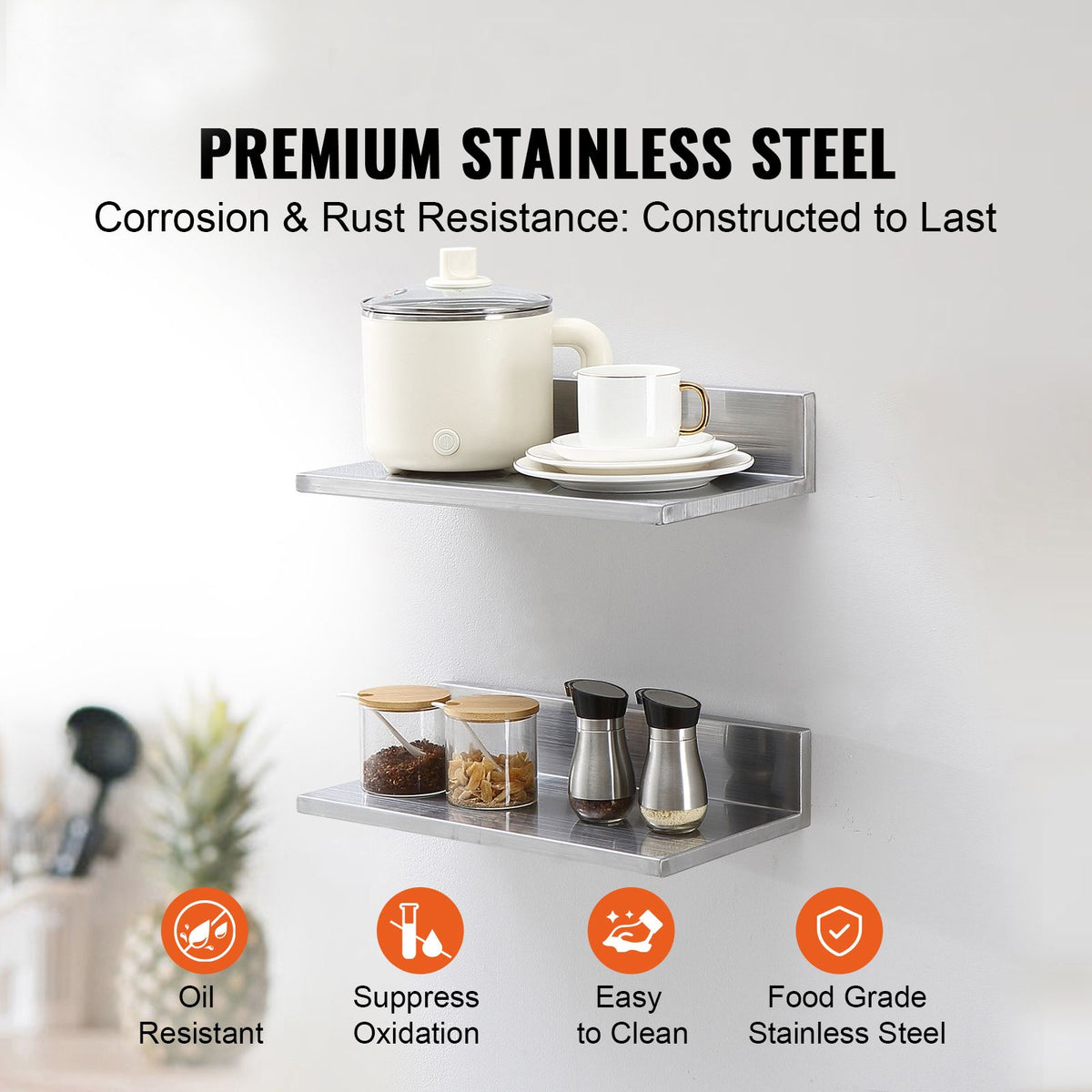 21.8 x 40.6 cm Stainless Steel Shelf, Wall Mounted Floating Shelving with Backsplash, 20 kg Load Capacity Commercial Shelves, Heavy Duty Storage Rack for Restaurant, Kitchen, Bar, Home, and Hotel