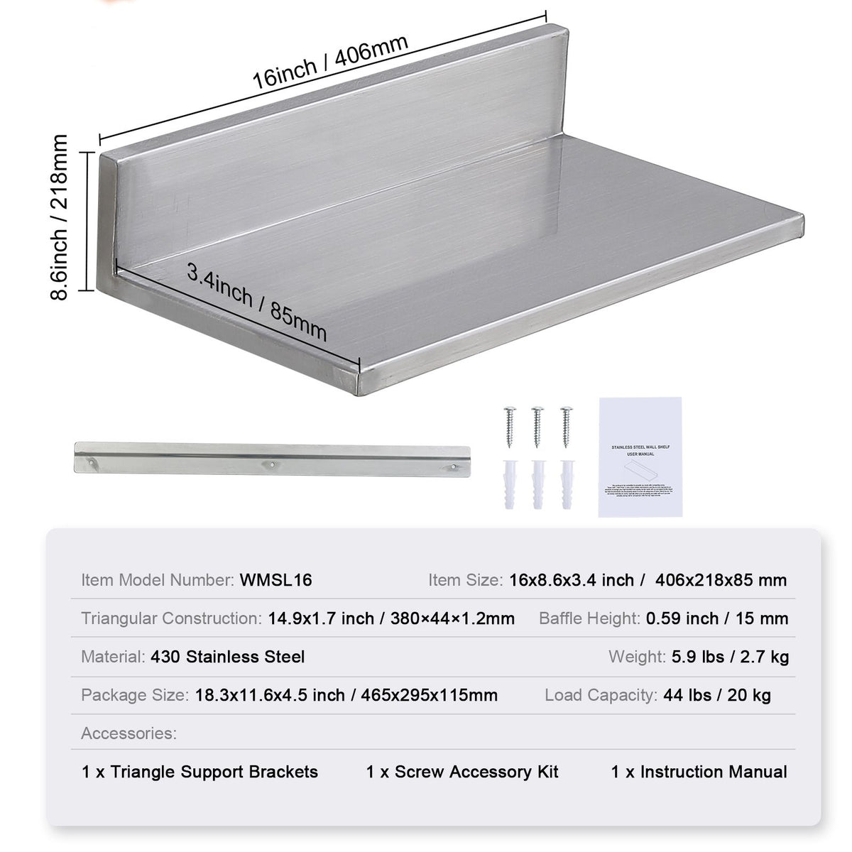 21.8 x 40.6 cm Stainless Steel Shelf, Wall Mounted Floating Shelving with Backsplash, 20 kg Load Capacity Commercial Shelves, Heavy Duty Storage Rack for Restaurant, Kitchen, Bar, Home, and Hotel