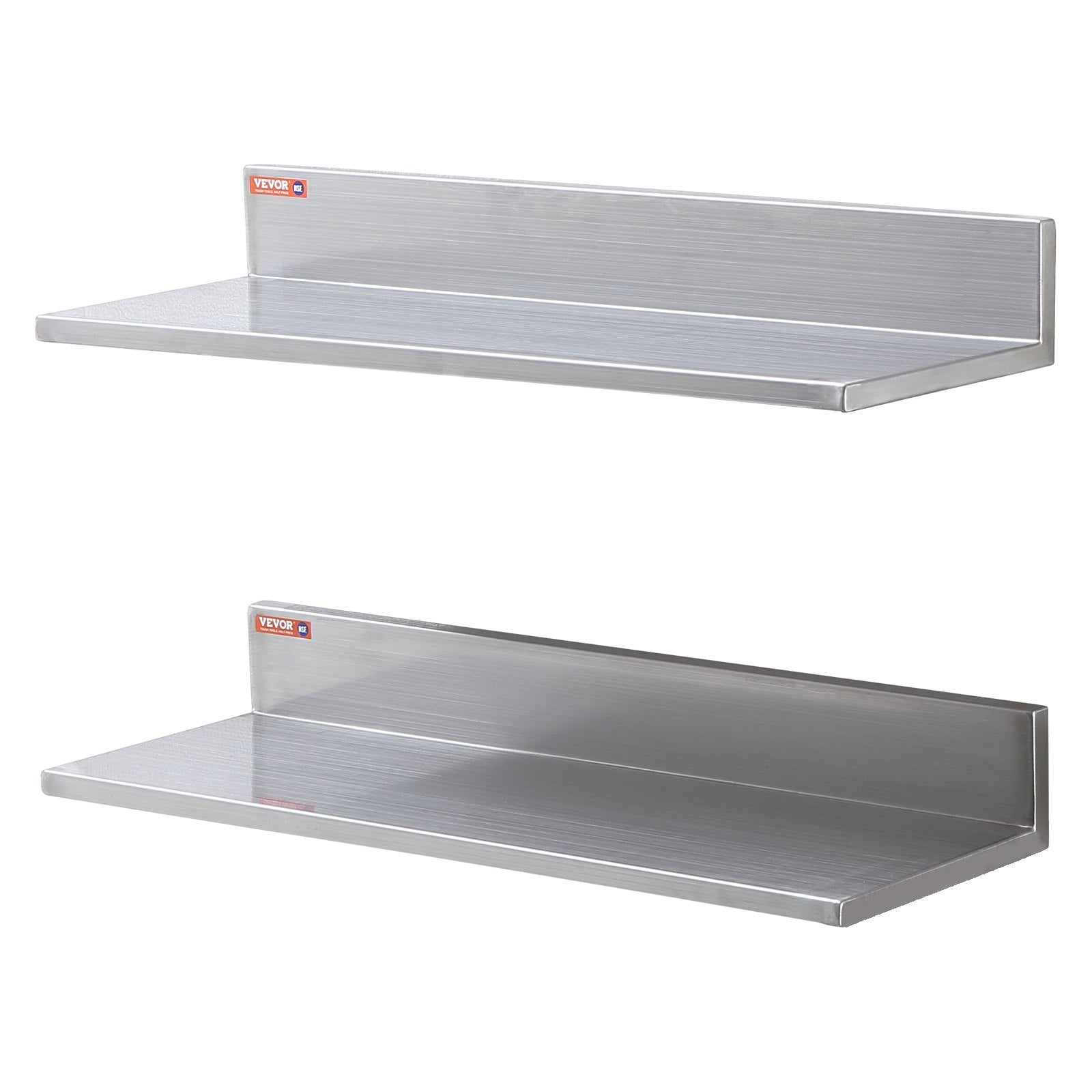 Wall Storage Racks: VEVOR 8.6" x 24" Stainless Steel Shelf, Wall Mounted Floating Shelving with Backsplash, 44 lbs Load Capacity Commercial Shelves, Heavy Duty Storage Rack for Restaurant, Kitchen, Bar, Home, and Hotel (2 Packs)
