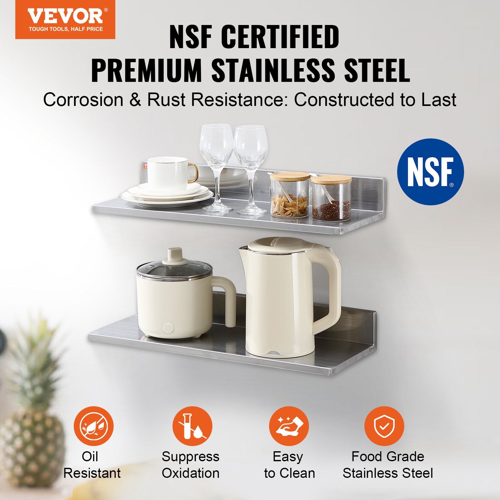 Wall Storage Racks: VEVOR 8.6" x 24" Stainless Steel Shelf, Wall Mounted Floating Shelving with Backsplash, 44 lbs Load Capacity Commercial Shelves, Heavy Duty Storage Rack for Restaurant, Kitchen, Bar, Home, and Hotel (2 Packs)