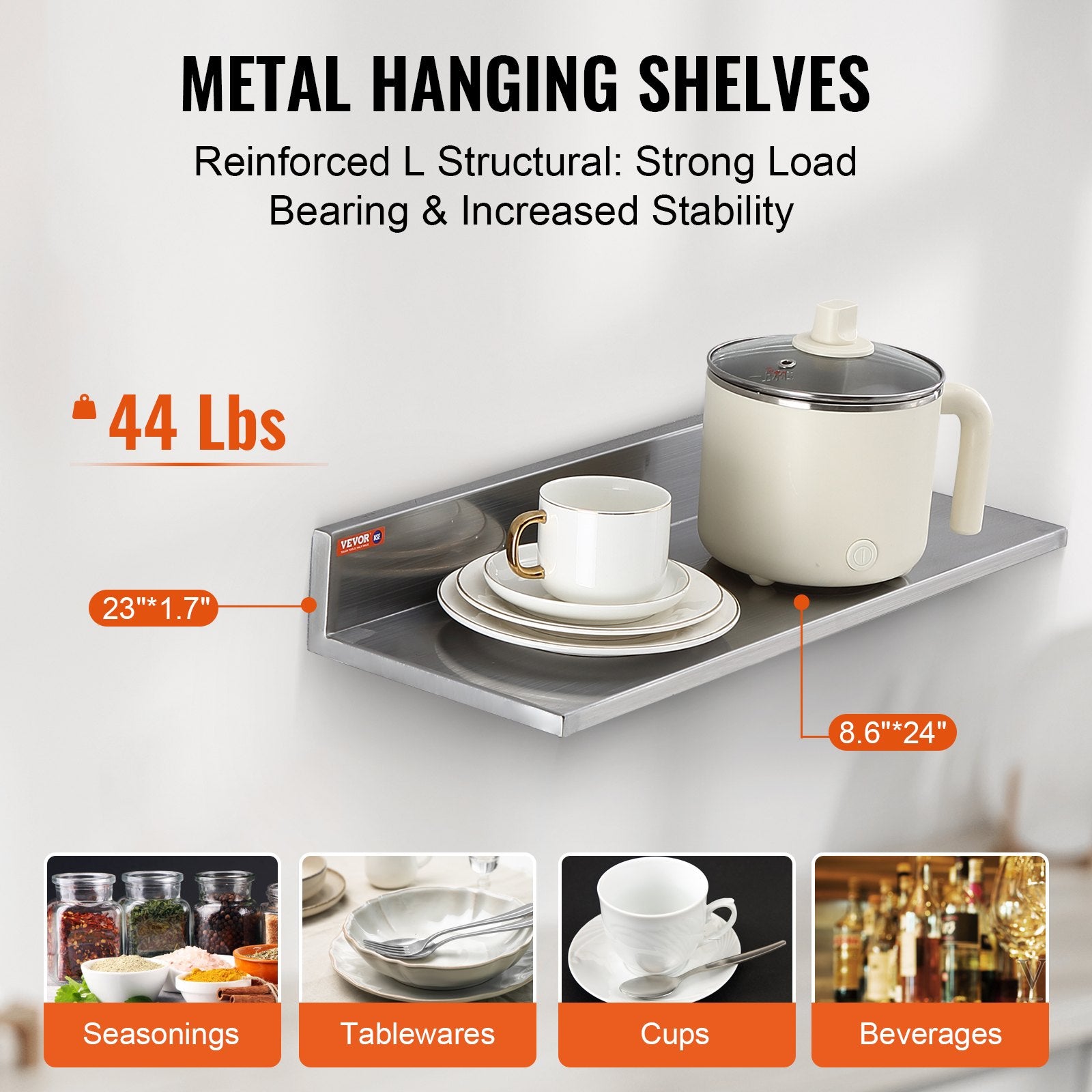 Wall Storage Racks: VEVOR 8.6" x 24" Stainless Steel Shelf, Wall Mounted Floating Shelving with Backsplash, 44 lbs Load Capacity Commercial Shelves, Heavy Duty Storage Rack for Restaurant, Kitchen, Bar, Home, and Hotel (2 Packs)