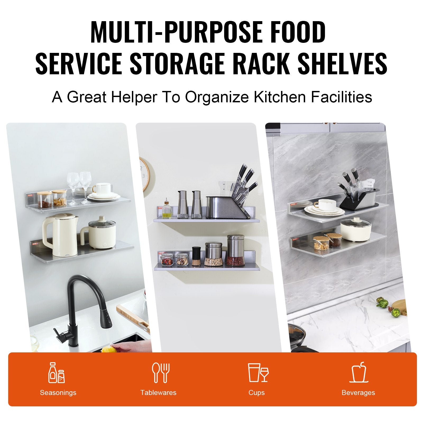 Wall Storage Racks: VEVOR 8.6" x 24" Stainless Steel Shelf, Wall Mounted Floating Shelving with Backsplash, 44 lbs Load Capacity Commercial Shelves, Heavy Duty Storage Rack for Restaurant, Kitchen, Bar, Home, and Hotel (2 Packs)