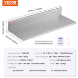 Wall Storage Racks: VEVOR 8.6" x 24" Stainless Steel Shelf, Wall Mounted Floating Shelving with Backsplash, 44 lbs Load Capacity Commercial Shelves, Heavy Duty Storage Rack for Restaurant, Kitchen, Bar, Home, and Hotel (2 Packs)