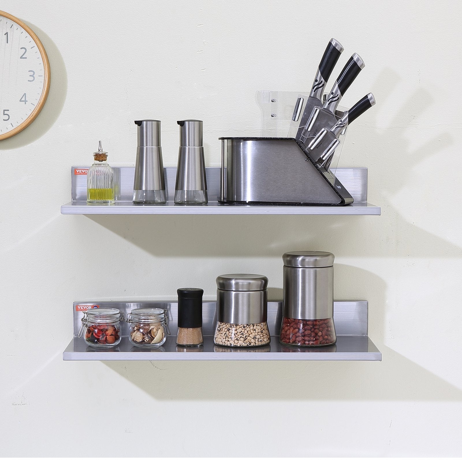 Wall Storage Racks: VEVOR 8.6" x 24" Stainless Steel Shelf, Wall Mounted Floating Shelving with Backsplash, 44 lbs Load Capacity Commercial Shelves, Heavy Duty Storage Rack for Restaurant, Kitchen, Bar, Home, and Hotel (2 Packs)