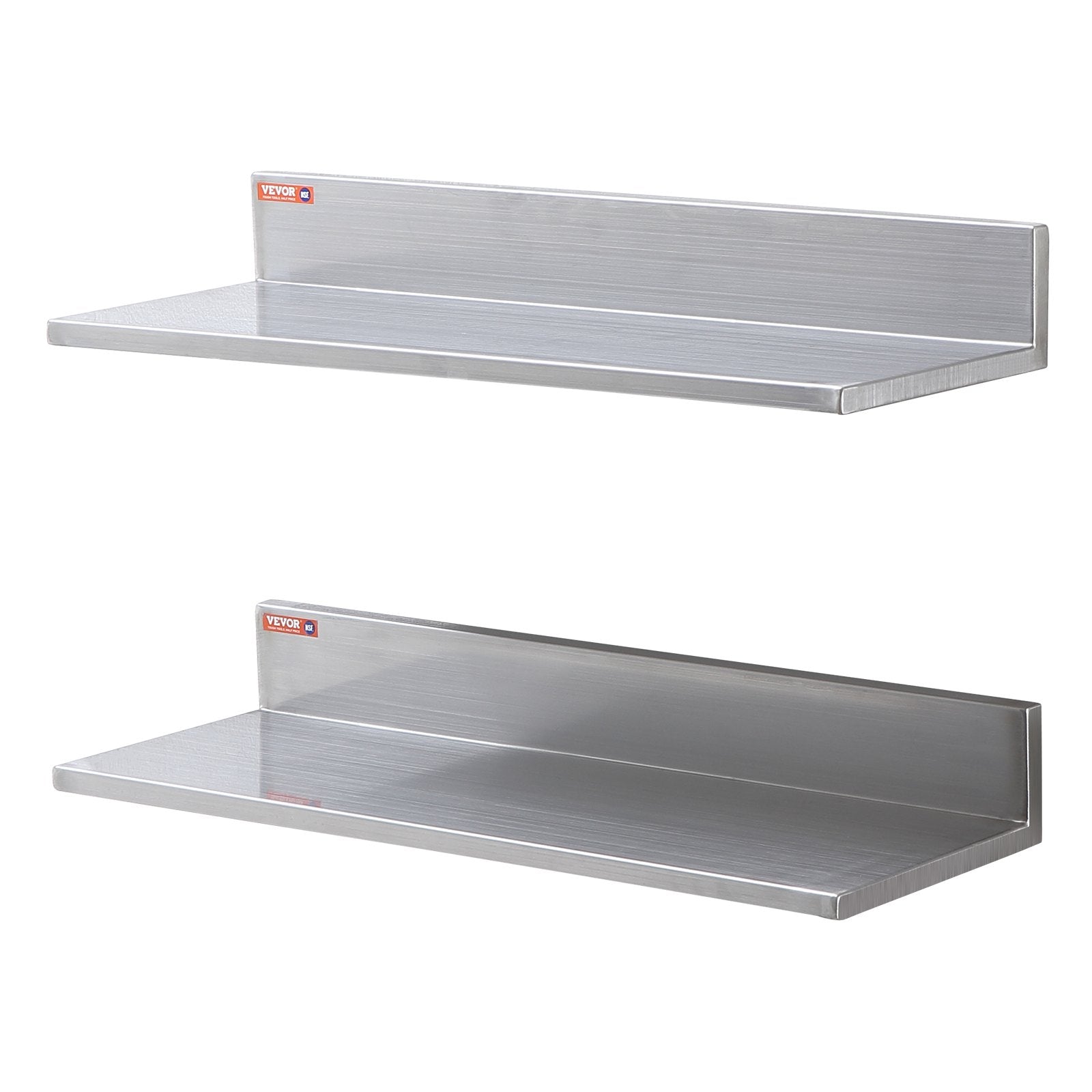 Wall Storage Racks: VEVOR 8.6" x 24" Stainless Steel Shelf, Wall Mounted Floating Shelving with Backsplash, 44 lbs Load Capacity Commercial Shelves, Heavy Duty Storage Rack for Restaurant, Kitchen, Bar, Home, and Hotel (2 Packs)