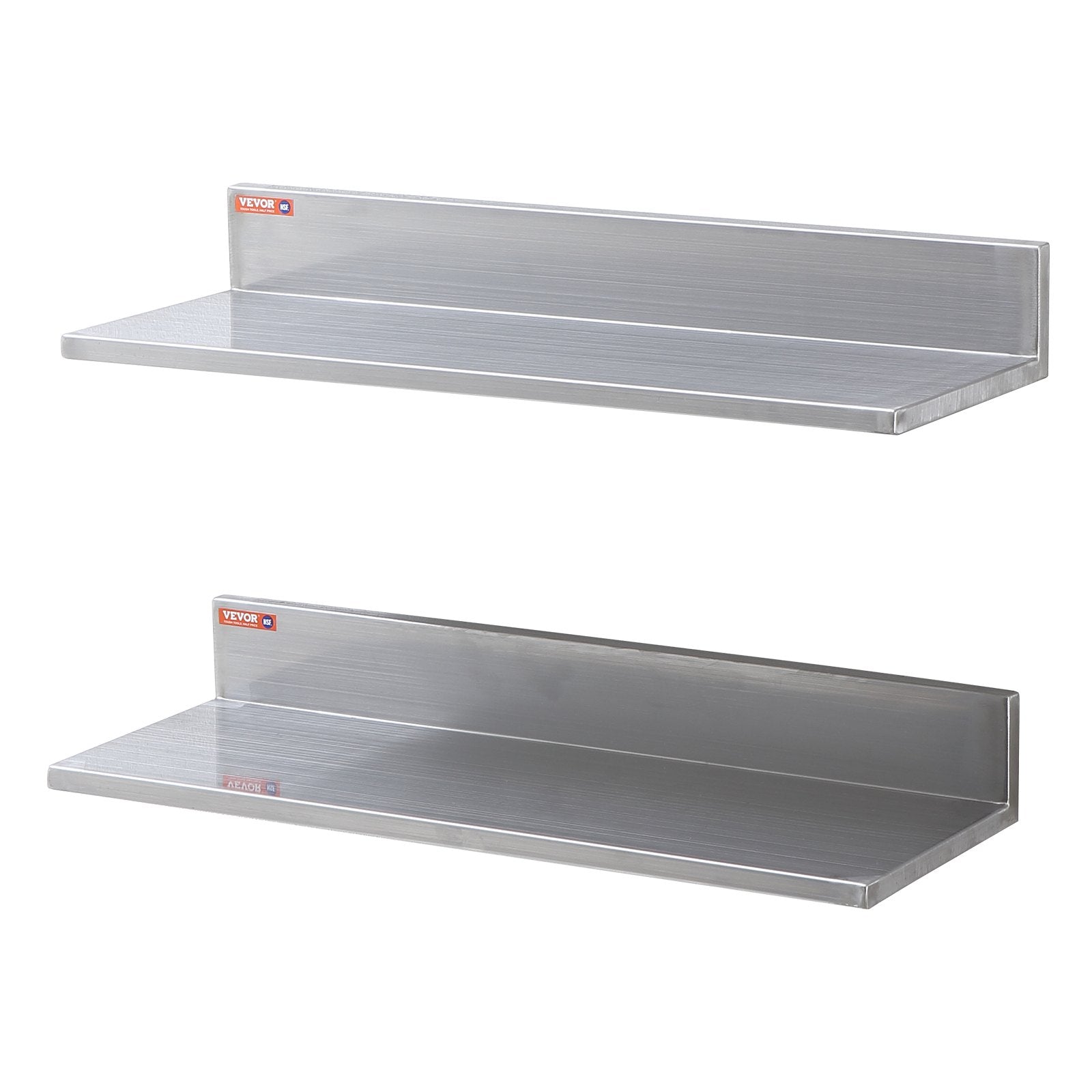 Wall Storage Racks: VEVOR 8.6" x 24" Stainless Steel Shelf, Wall Mounted Floating Shelving with Backsplash, 44 lbs Load Capacity Commercial Shelves, Heavy Duty Storage Rack for Restaurant, Kitchen, Bar, Home, and Hotel (2 Packs)