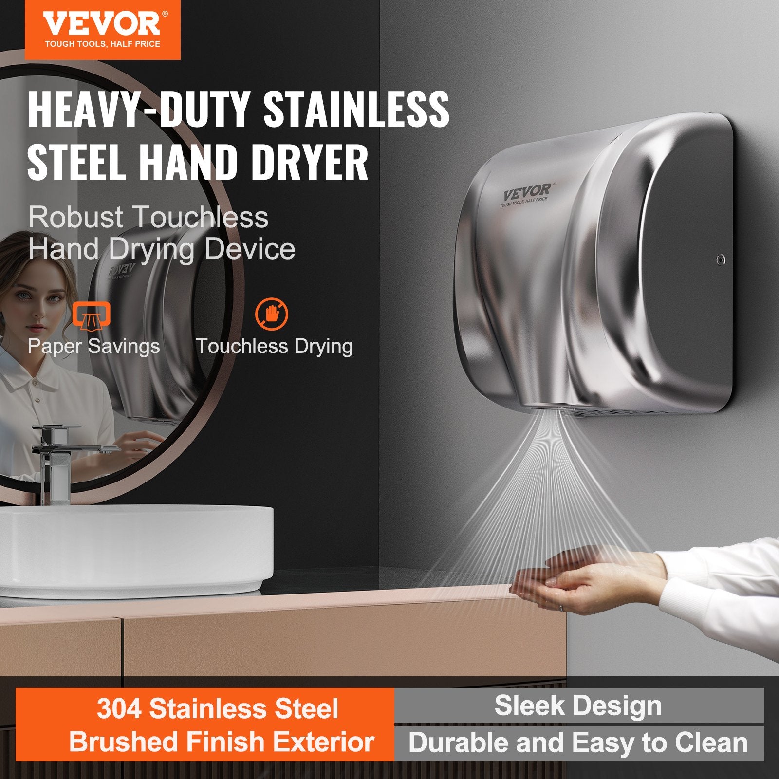 Toilet & Bidet Accessories: VEVOR Heavy Duty Commercial Hand Dryer, 1800W Automatic High Speed Stainless Steel Warm Wind Hand Blower, 220V-240V Plug In/Hardwired Two Power Options, Compliant for Industry Business Restrooms