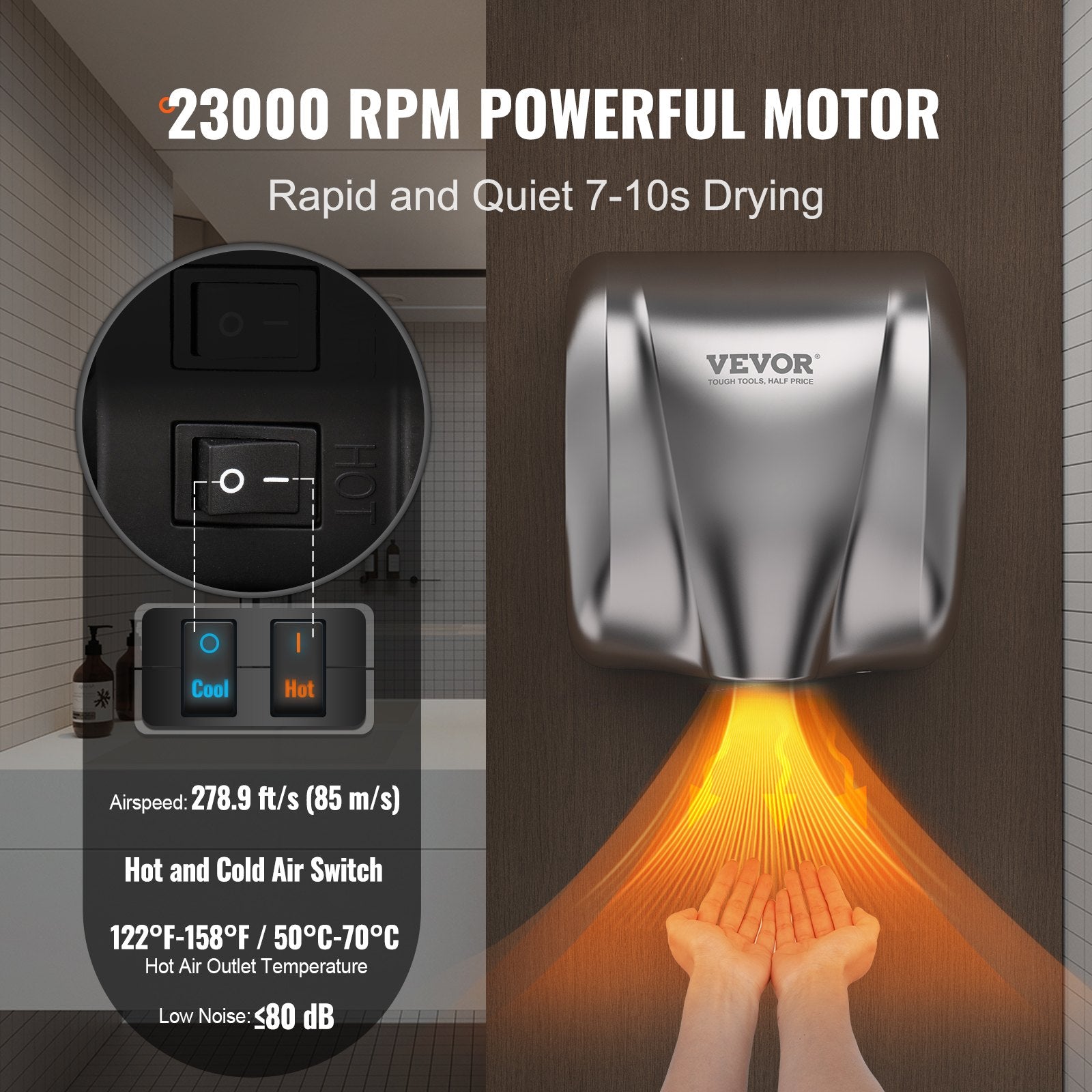 Toilet & Bidet Accessories: VEVOR Heavy Duty Commercial Hand Dryer, 1800W Automatic High Speed Stainless Steel Warm Wind Hand Blower, 220V-240V Plug In/Hardwired Two Power Options, Compliant for Industry Business Restrooms