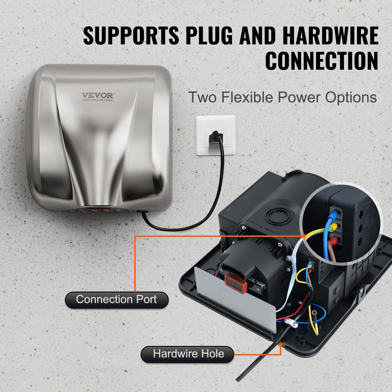 Toilet & Bidet Accessories: VEVOR Heavy Duty Commercial Hand Dryer, 1800W Automatic High Speed Stainless Steel Warm Wind Hand Blower, 220V-240V Plug In/Hardwired Two Power Options, Compliant for Industry Business Restrooms
